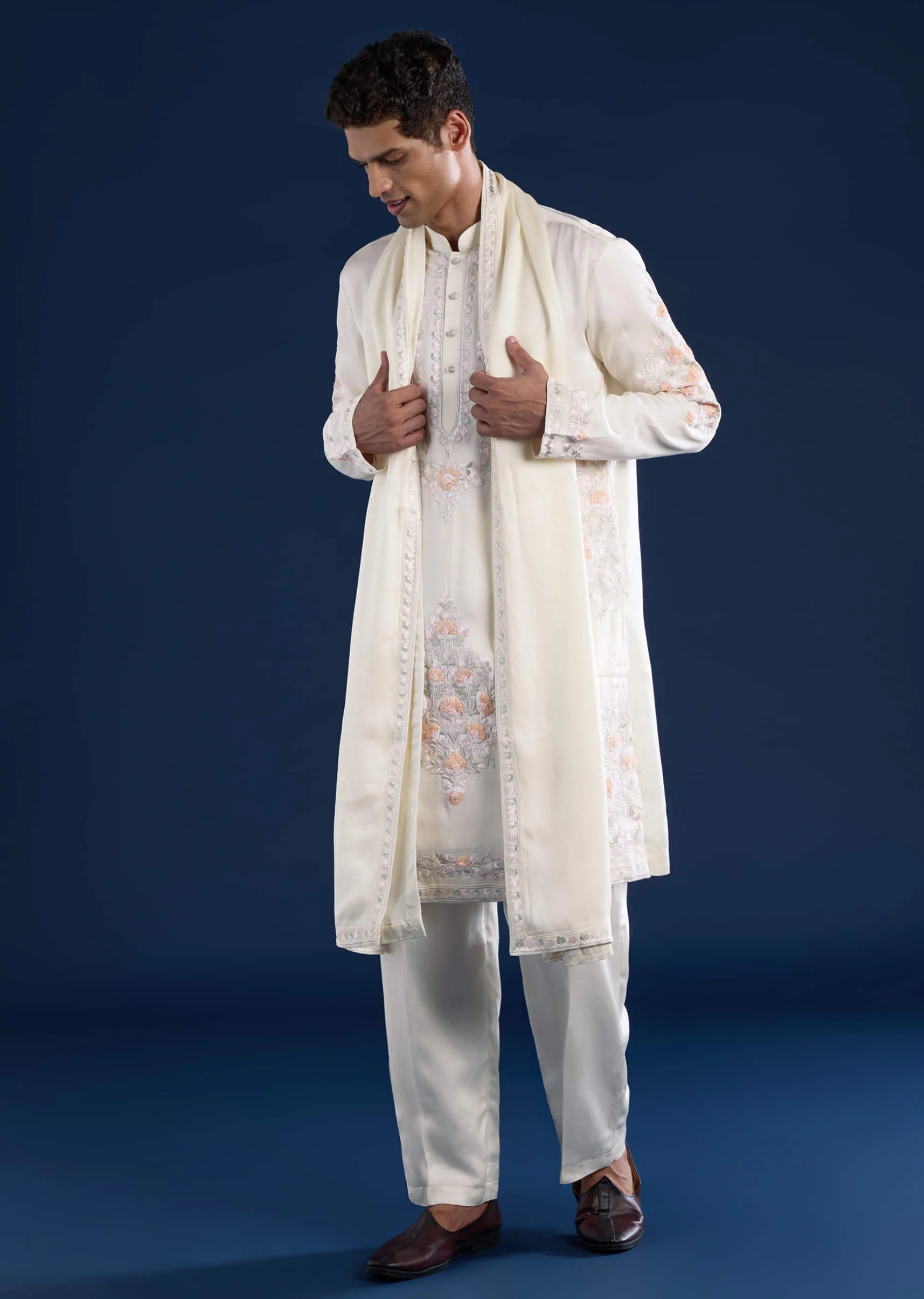 Off White Silk Linen Blend Mens Kurta Set with Dupatta