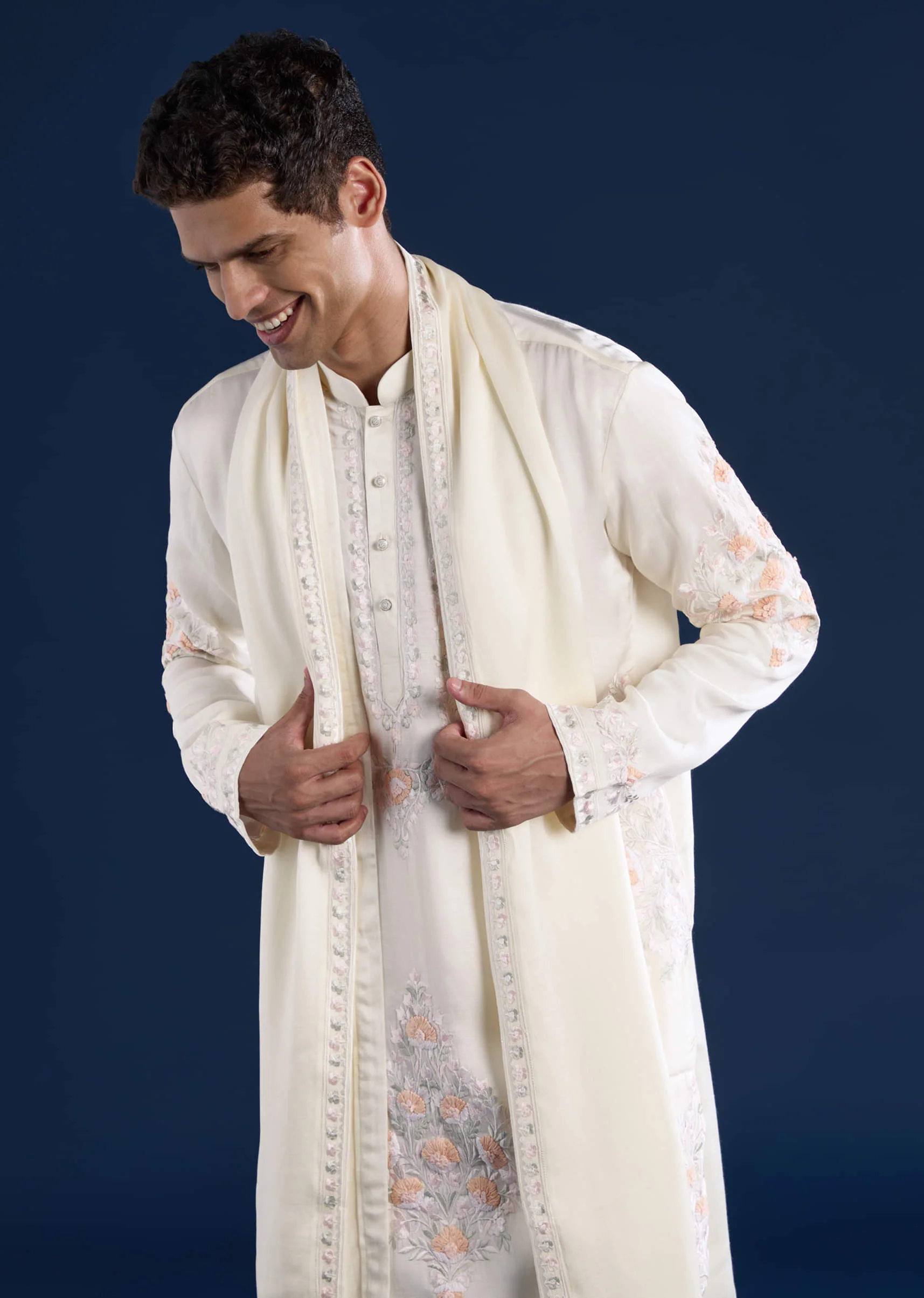 Off White Silk Linen Blend Mens Kurta Set with Dupatta - Image 2