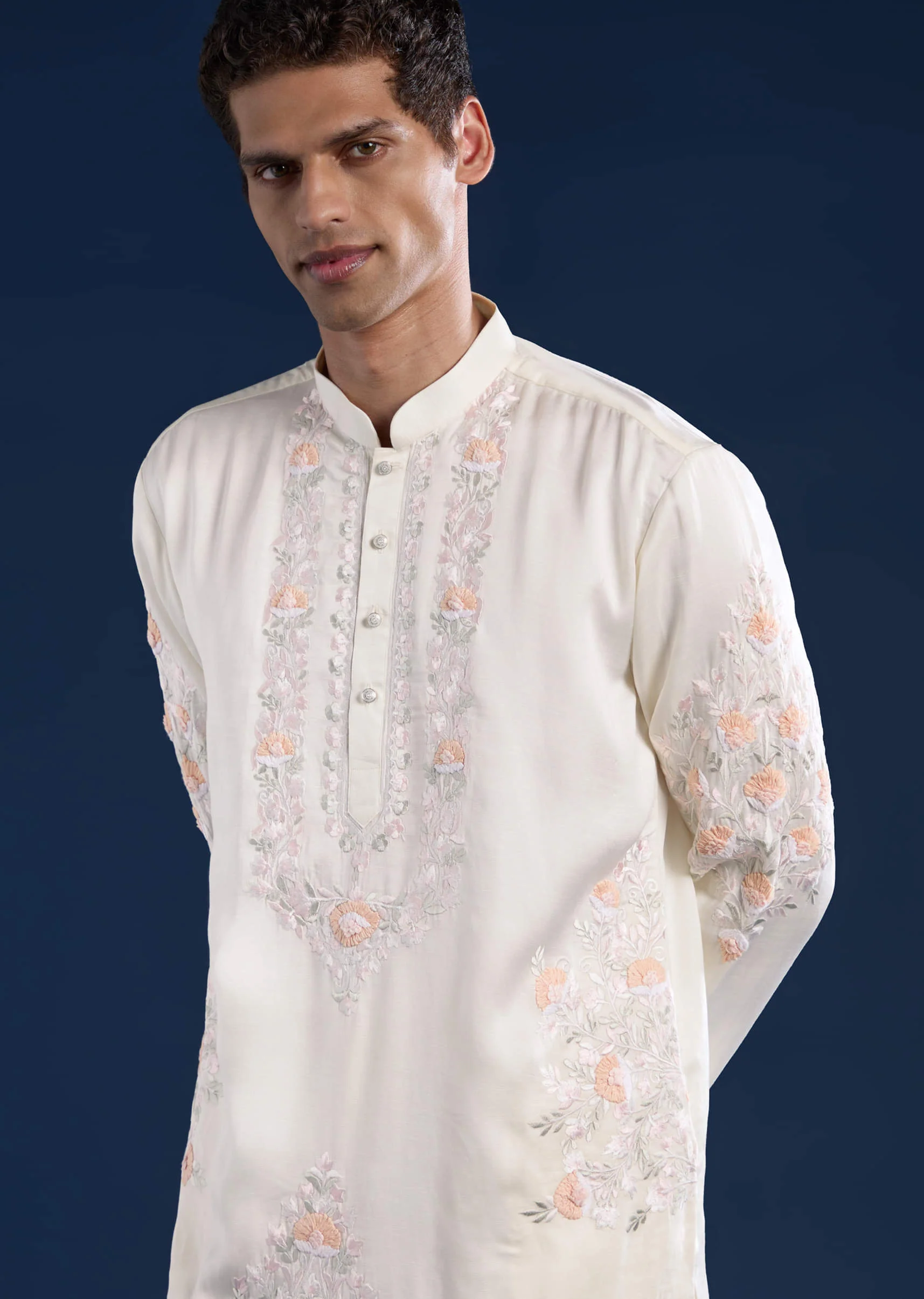 Off White Silk Linen Blend Mens Kurta Set with Dupatta - Image 4