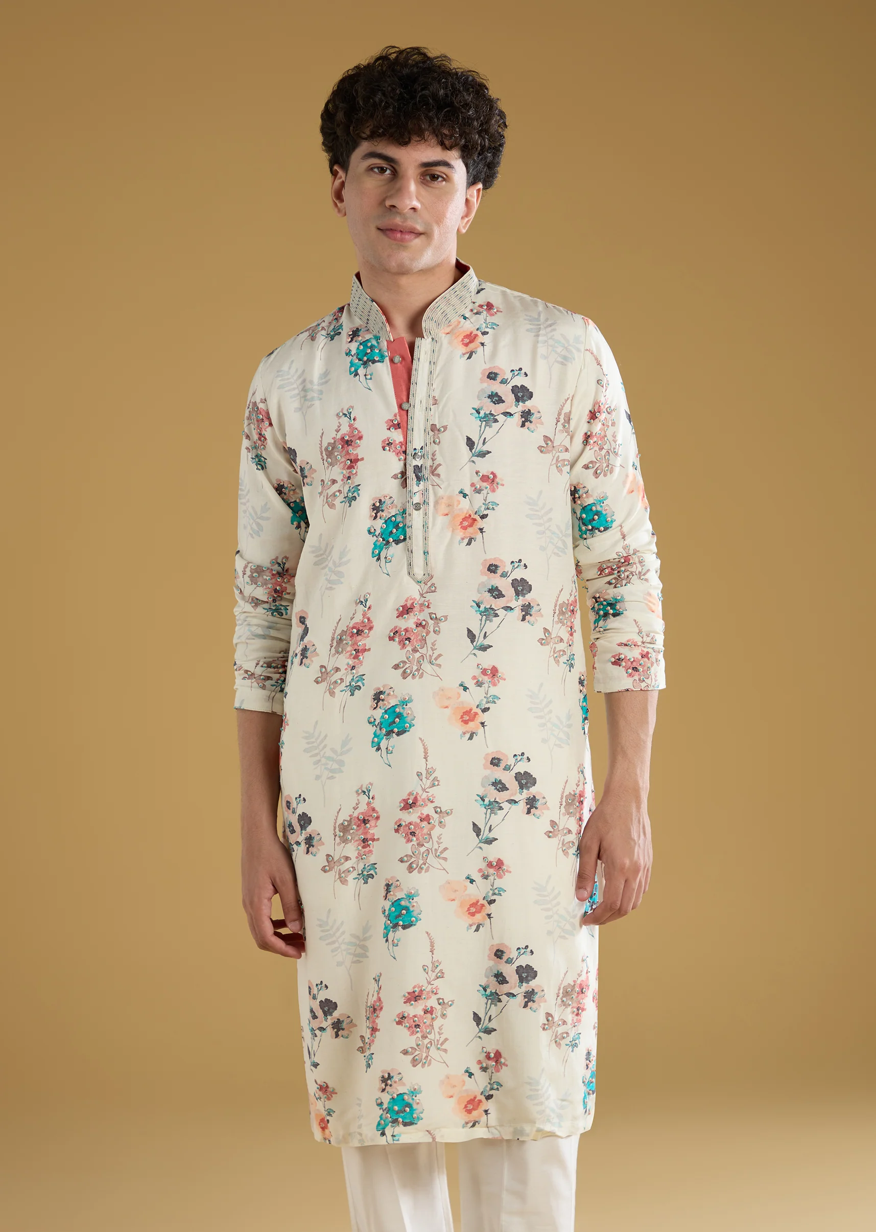 Off White Silk Linen Printed Kurta Set With Threadwork - Image 4