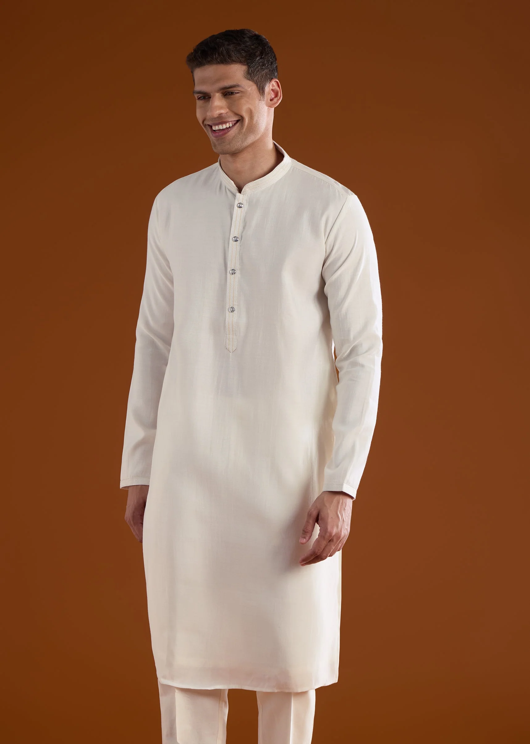 Off White Silk Mens Kurta Jacket Set With Thread And Motif Work - Image 6