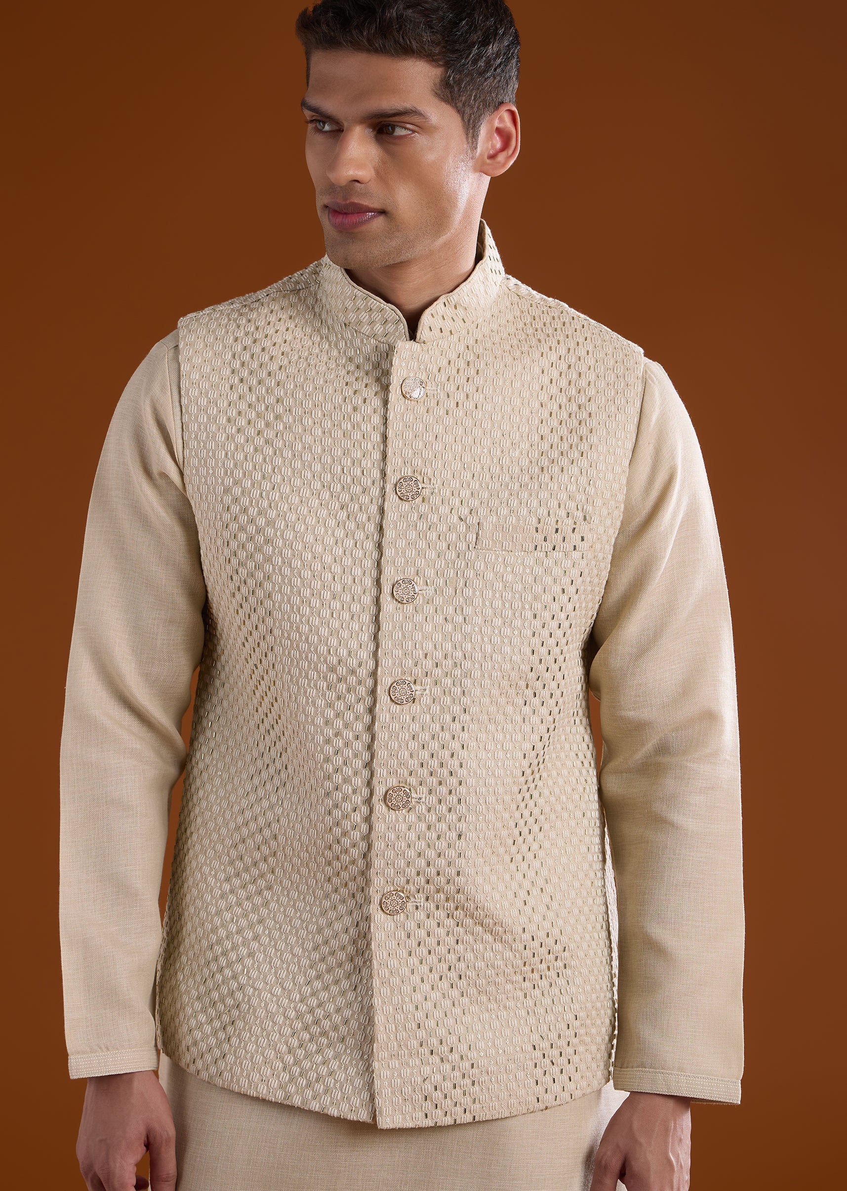 Off White Silk Mens Kurta Jacket Set With Thread Bead And Metal Work - Image 3