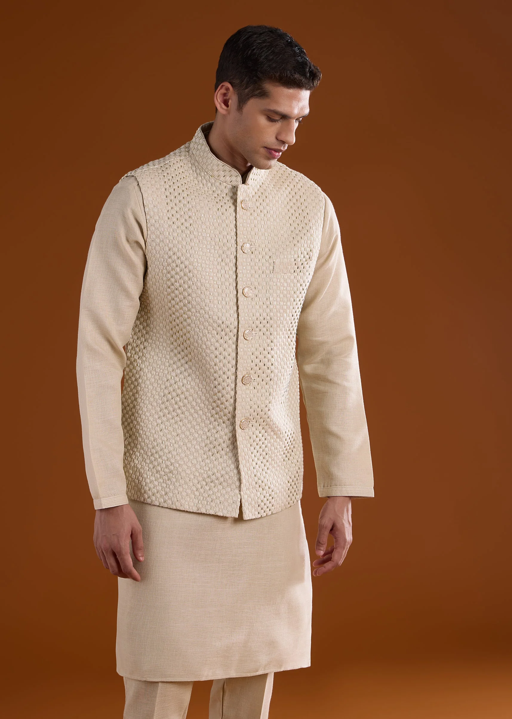 Off White Silk Mens Kurta Jacket Set With Thread Bead And Metal Work - Image 4