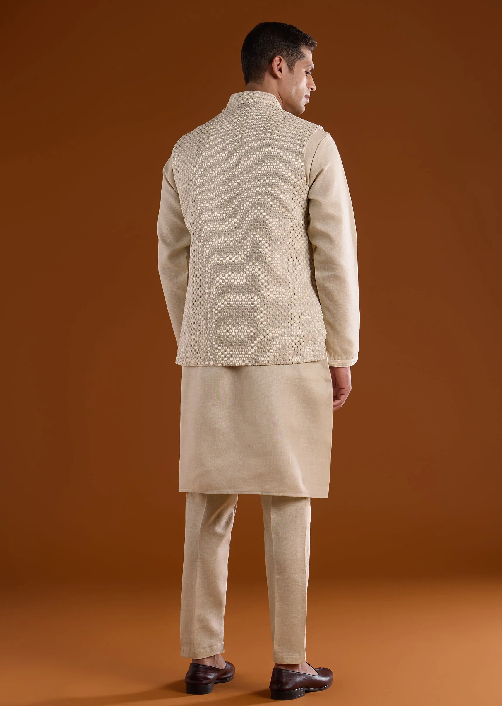 Off White Silk Mens Kurta Jacket Set With Thread Bead And Metal Work - Image 5