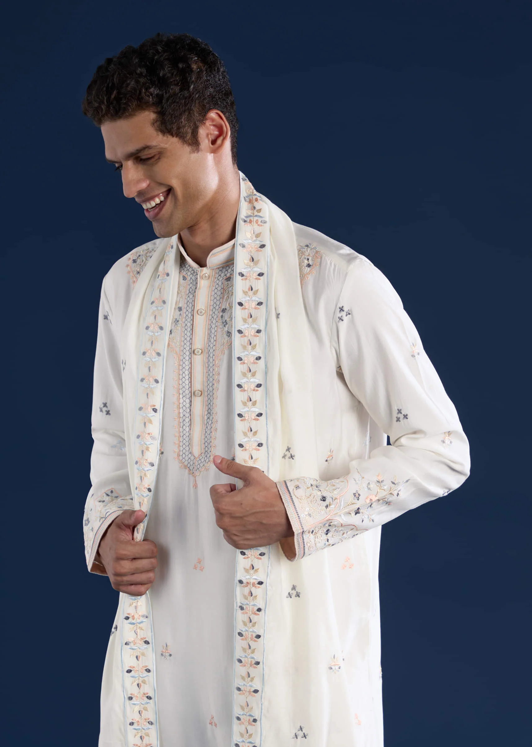 Off White Silk Mens Kurta Set with Dupatta - Image 2