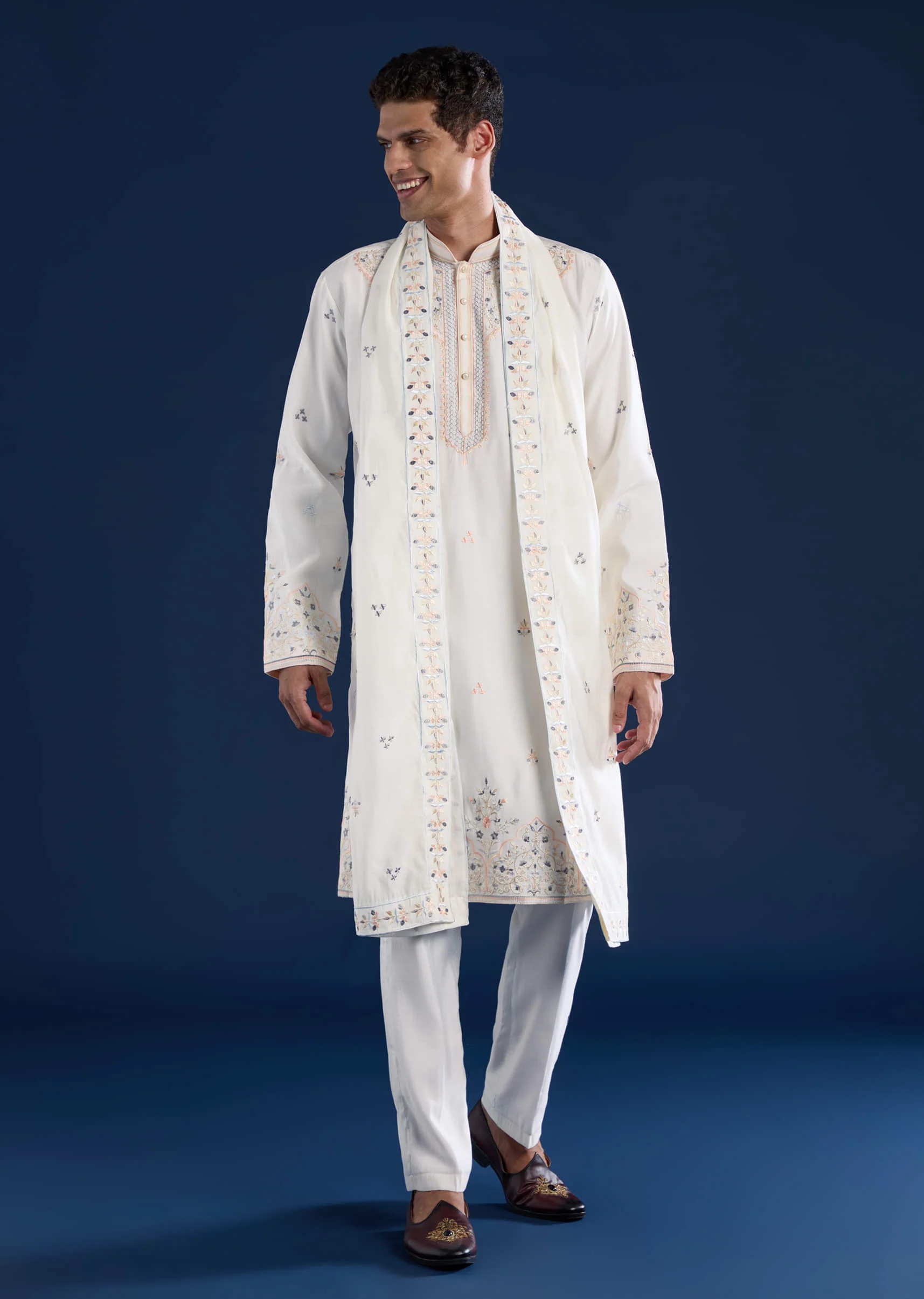 Off White Silk Mens Kurta Set with Dupatta - Image 3
