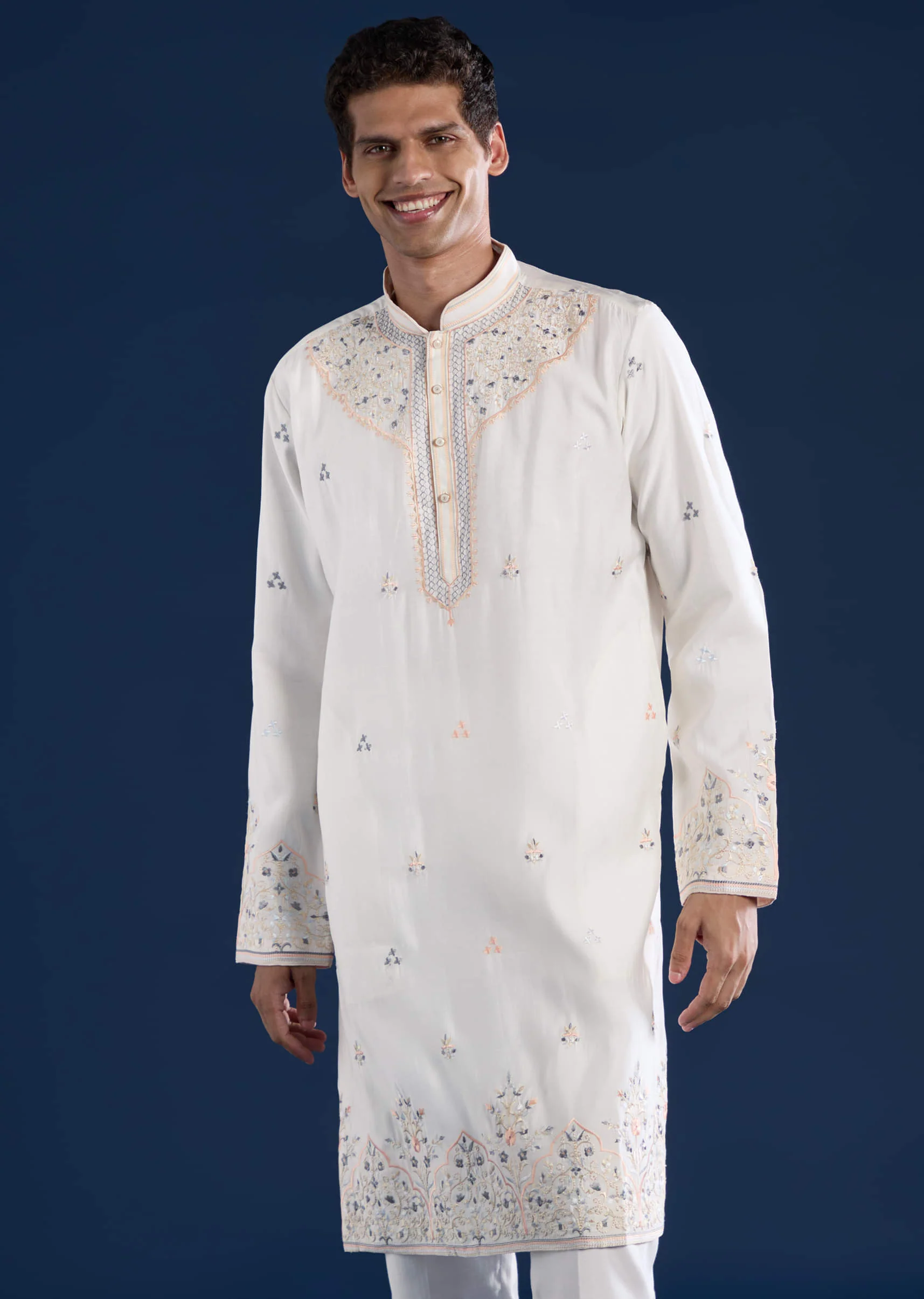 Off White Silk Mens Kurta Set with Dupatta - Image 5
