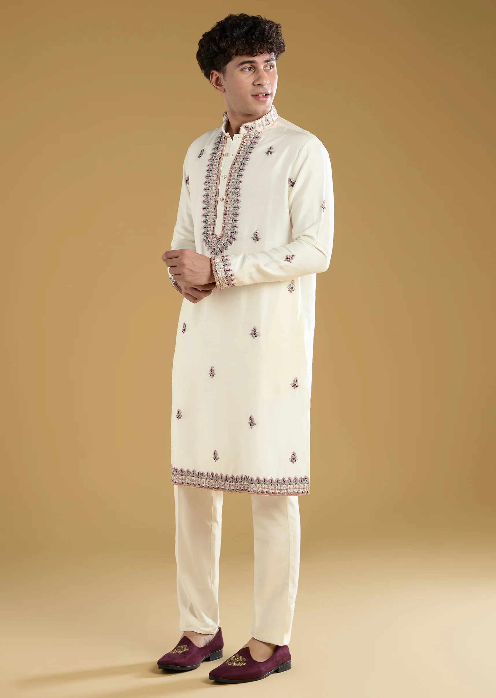Off White Silk Resham Work Mens Kurta Pant Set