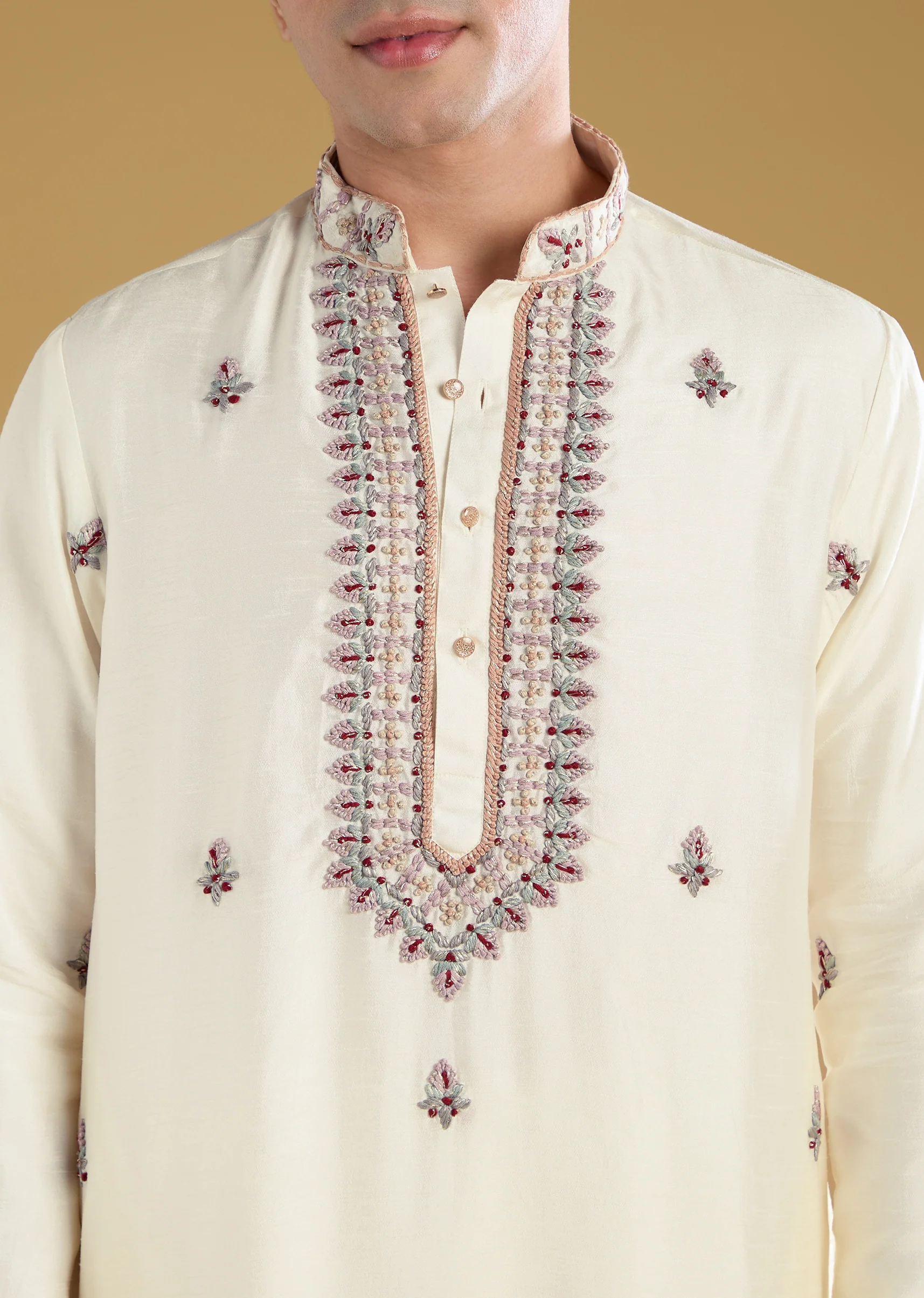 Off White Silk Resham Work Mens Kurta Pant Set - Image 2