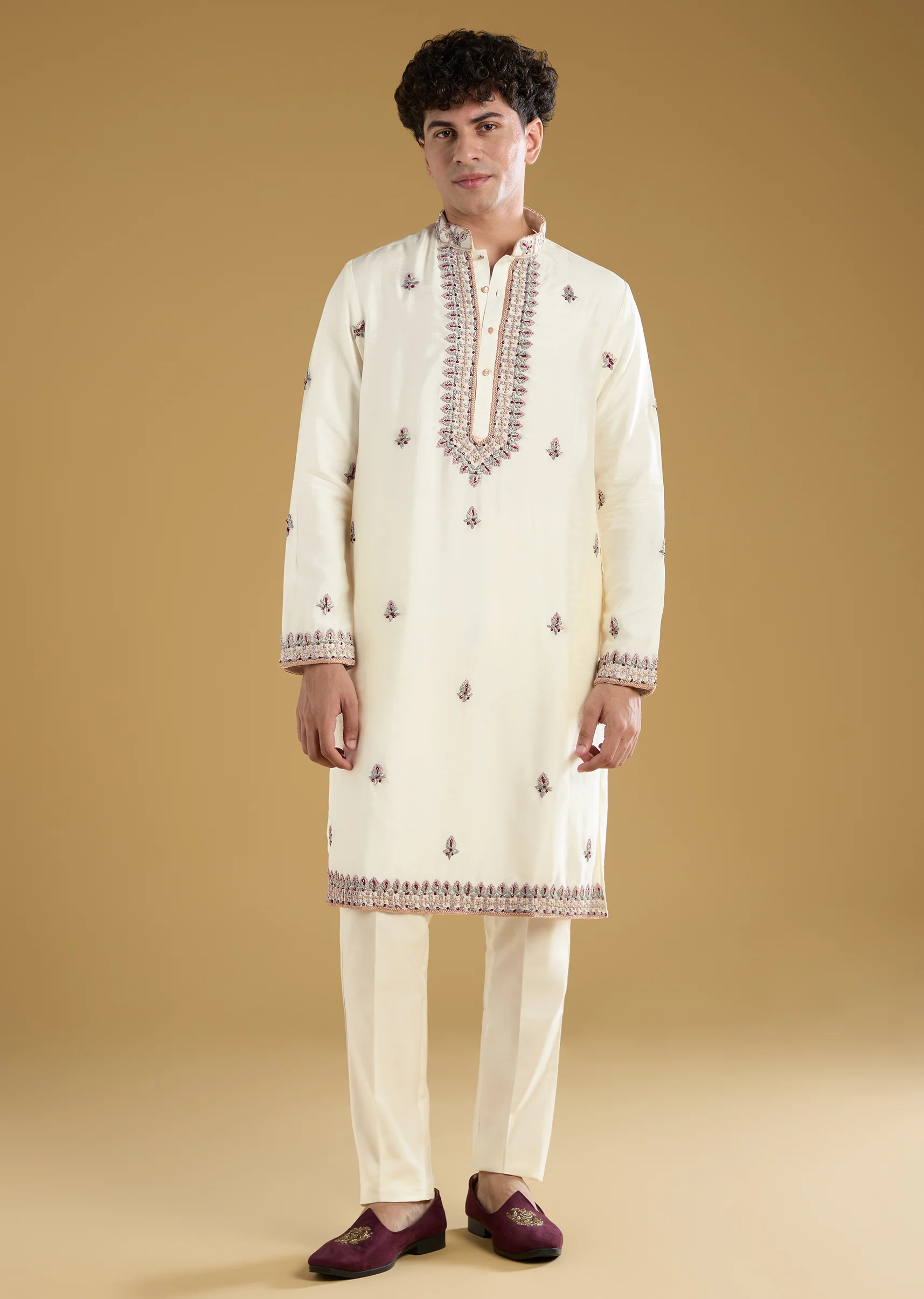 Off White Silk Resham Work Mens Kurta Pant Set - Image 3