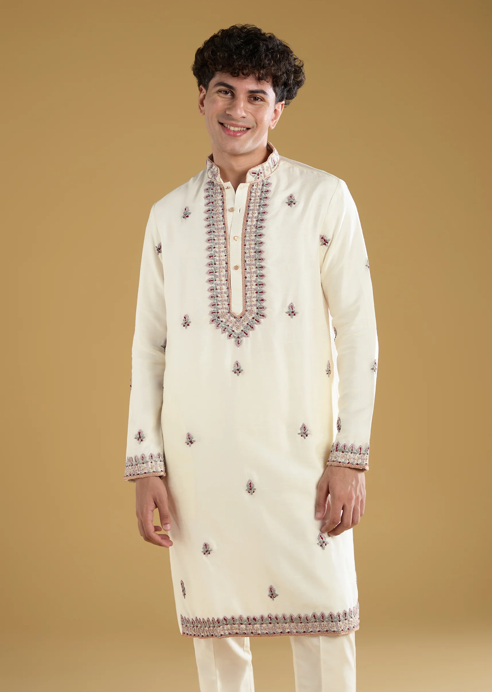 Off White Silk Resham Work Mens Kurta Pant Set - Image 4