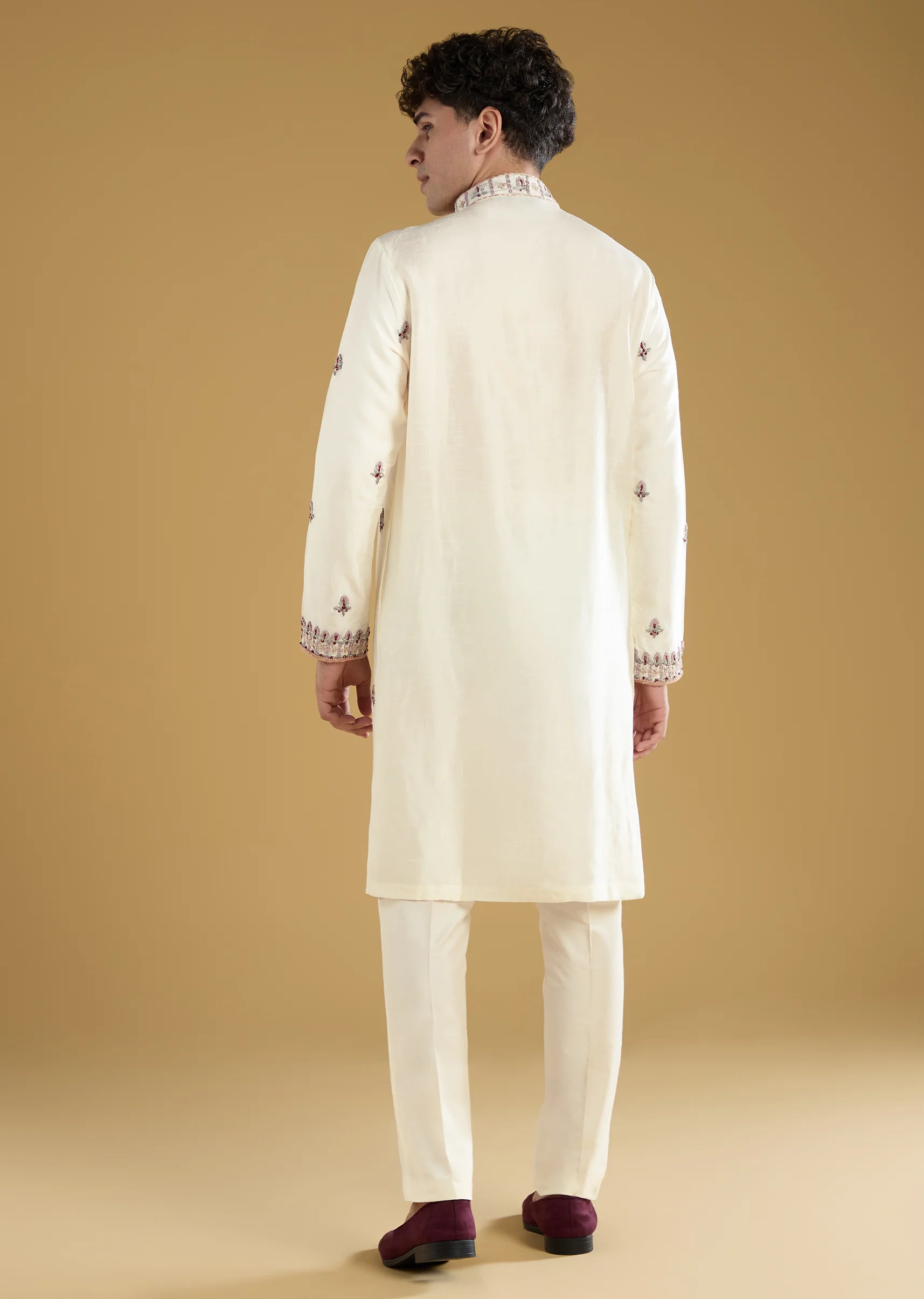 Off White Silk Resham Work Mens Kurta Pant Set - Image 5