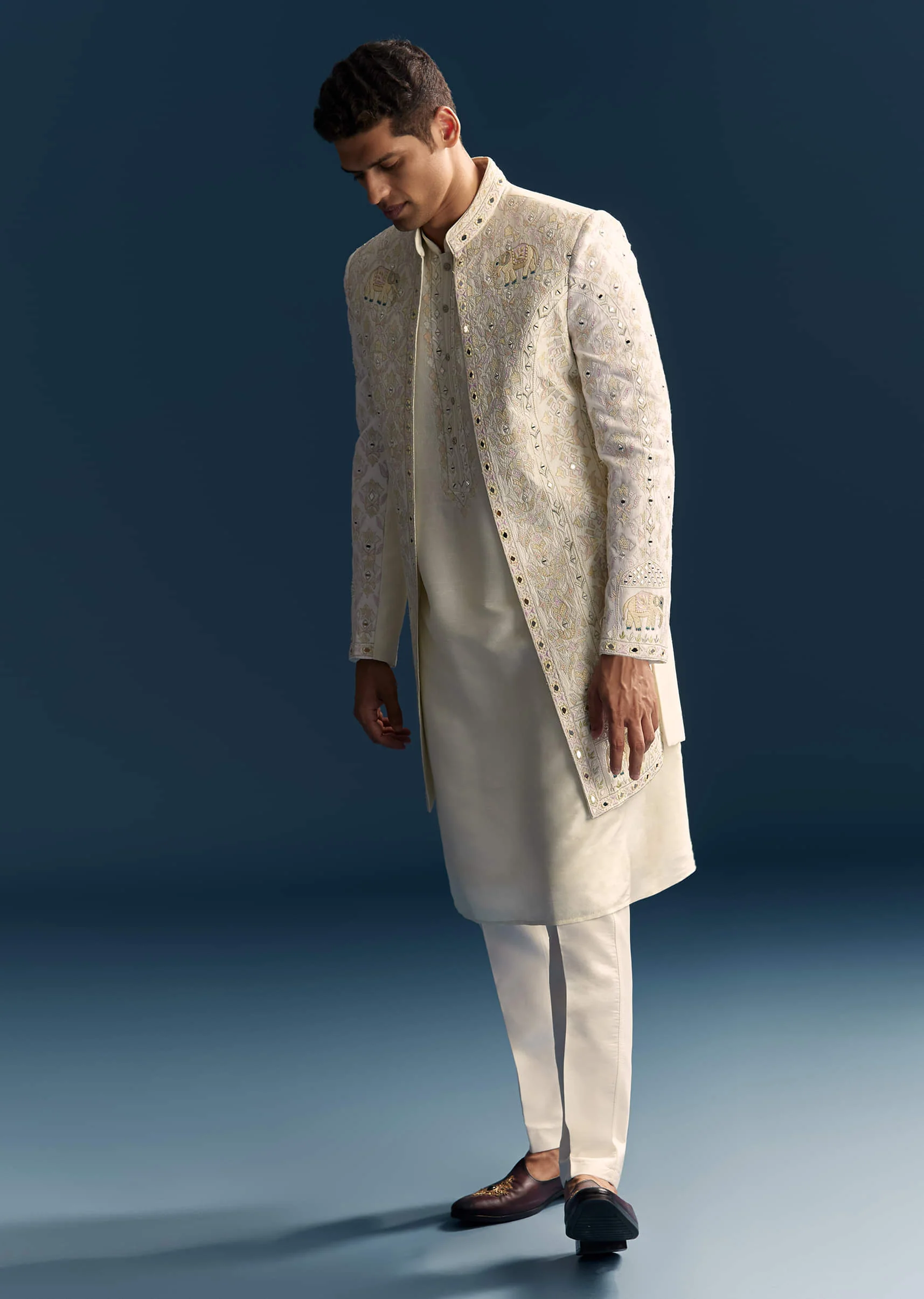 Off White Silk Sherwani For Men With Resham And Mirror Work - Image 5
