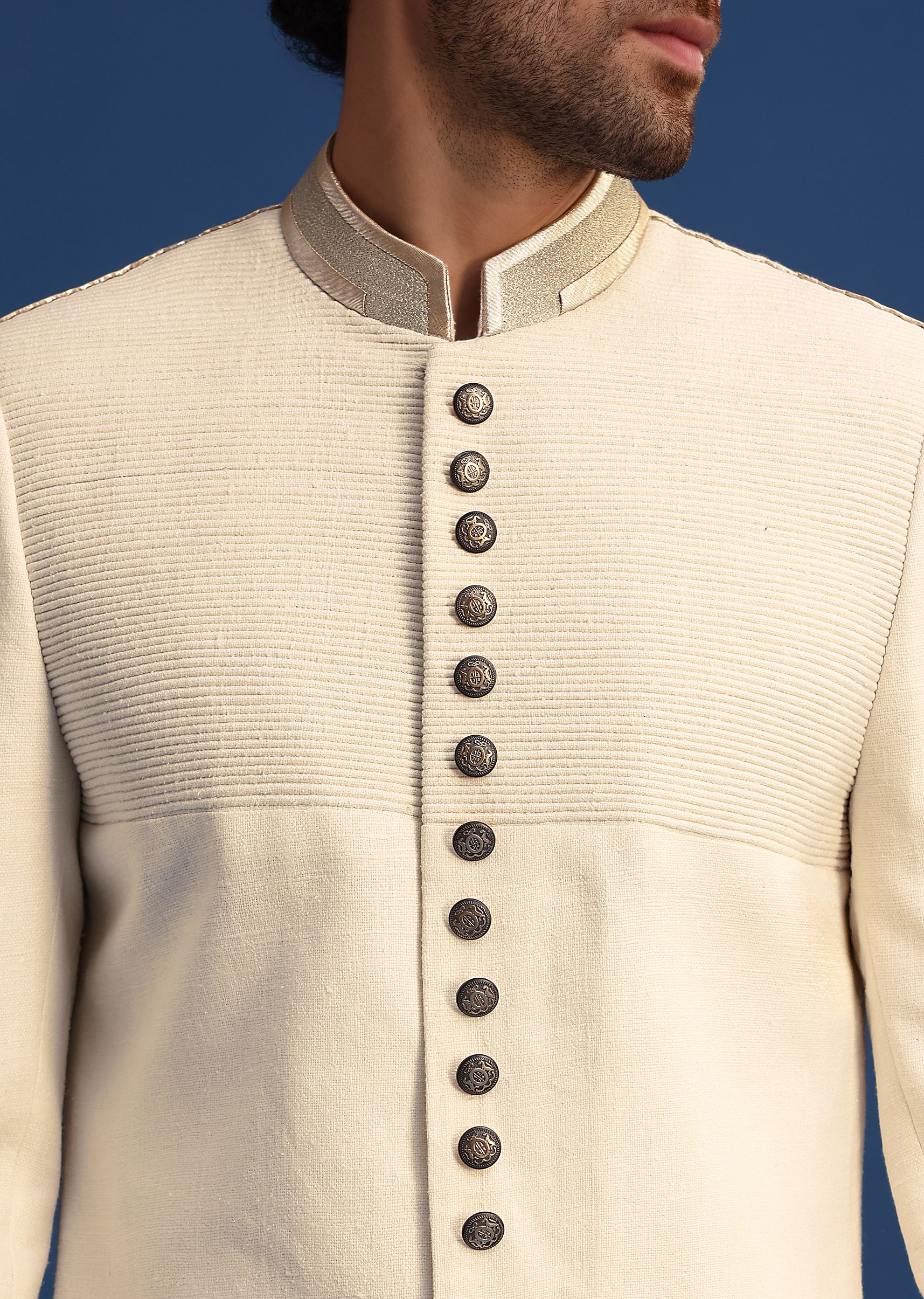 Off White Silk Sherwani Set With Zari Embroidery - Image 2