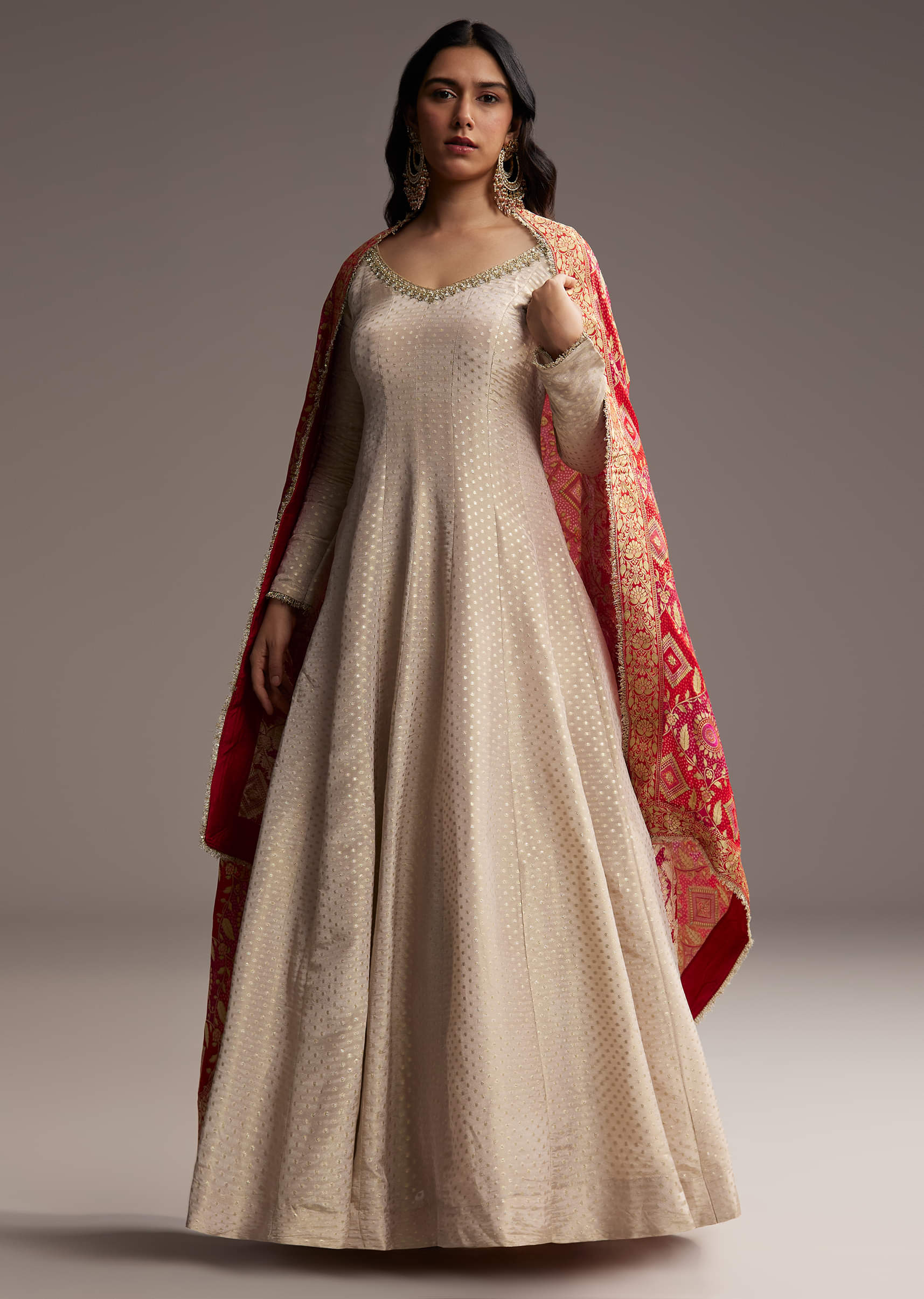 Off White Tissue Anarkali Suit With Butti Embroidery And Printed Silk Dupatta