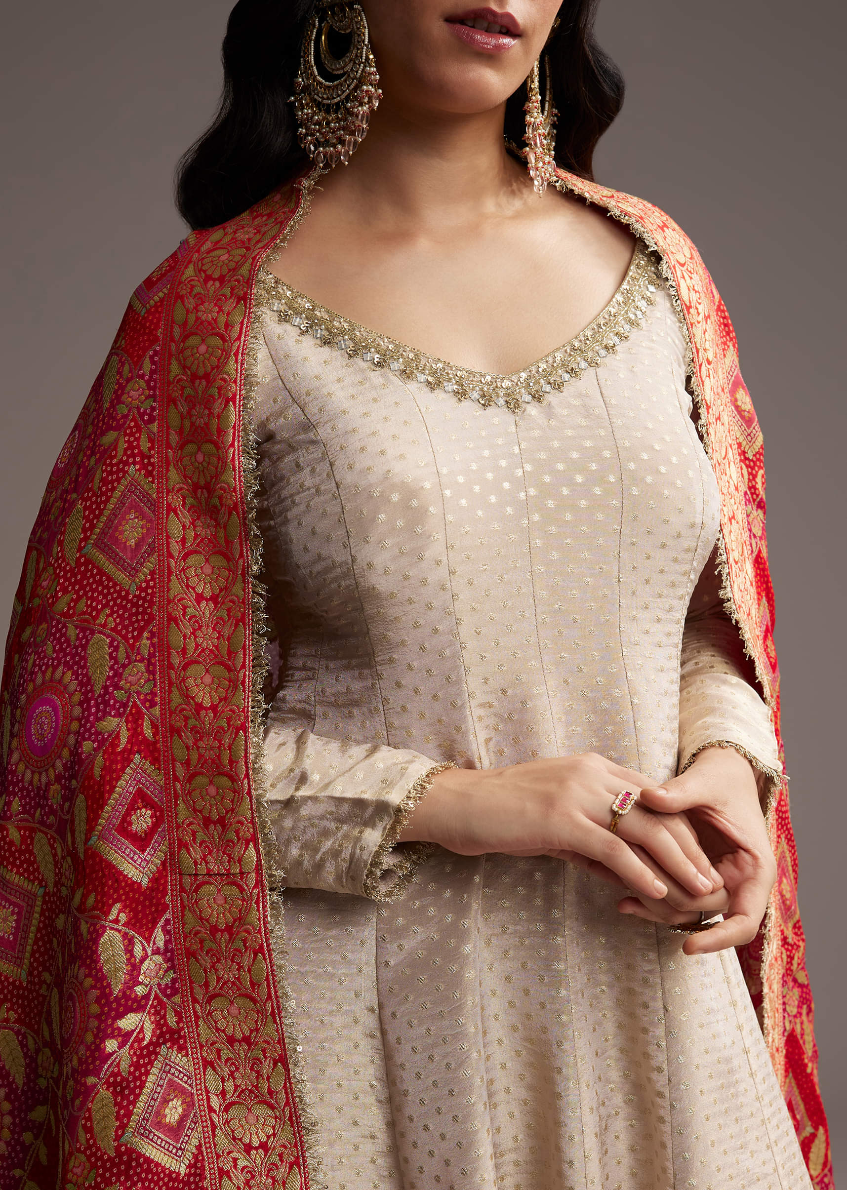 Off White Tissue Anarkali Suit With Butti Embroidery And Printed Silk Dupatta - Image 2