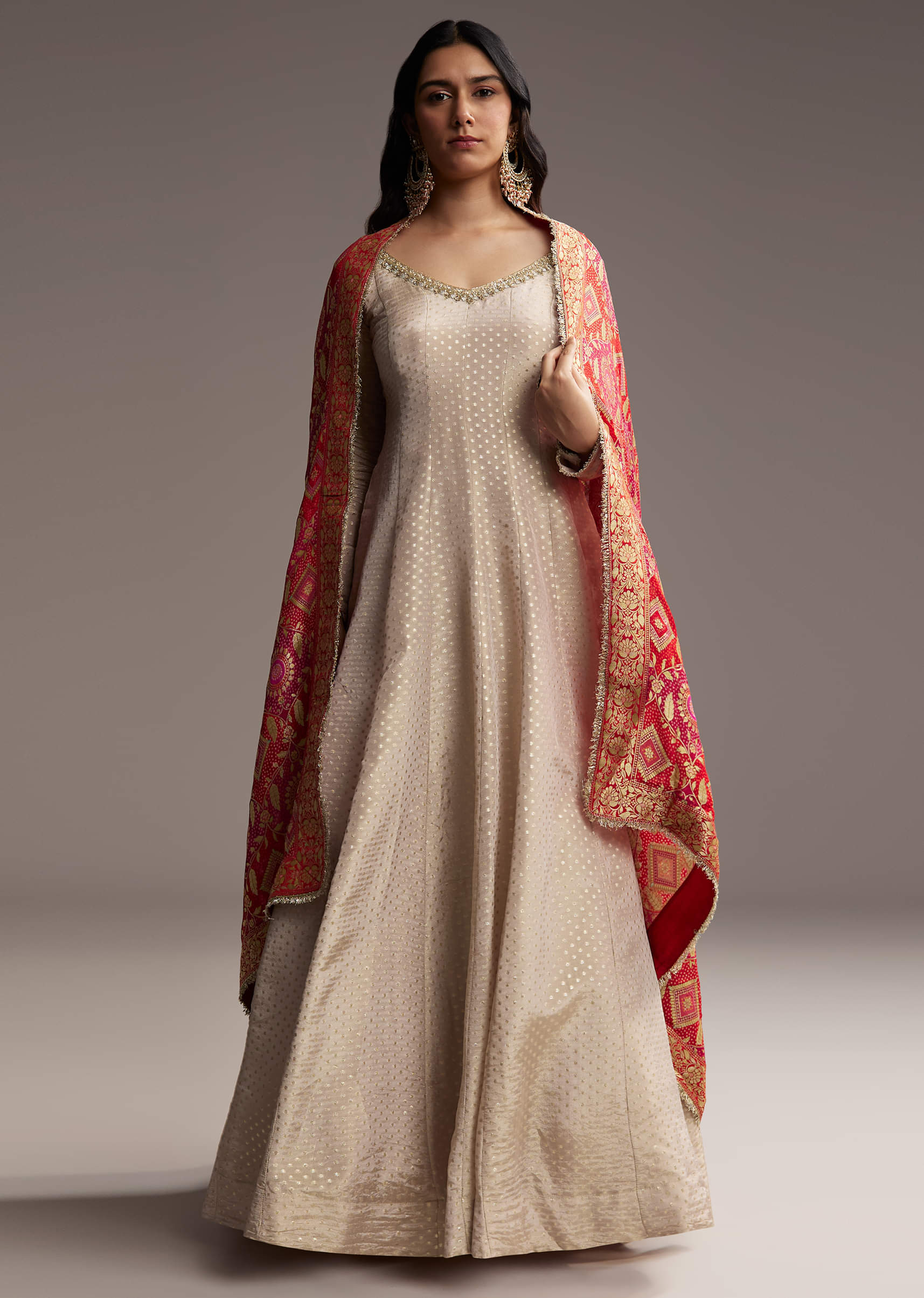 Off White Tissue Anarkali Suit With Butti Embroidery And Printed Silk Dupatta - Image 3