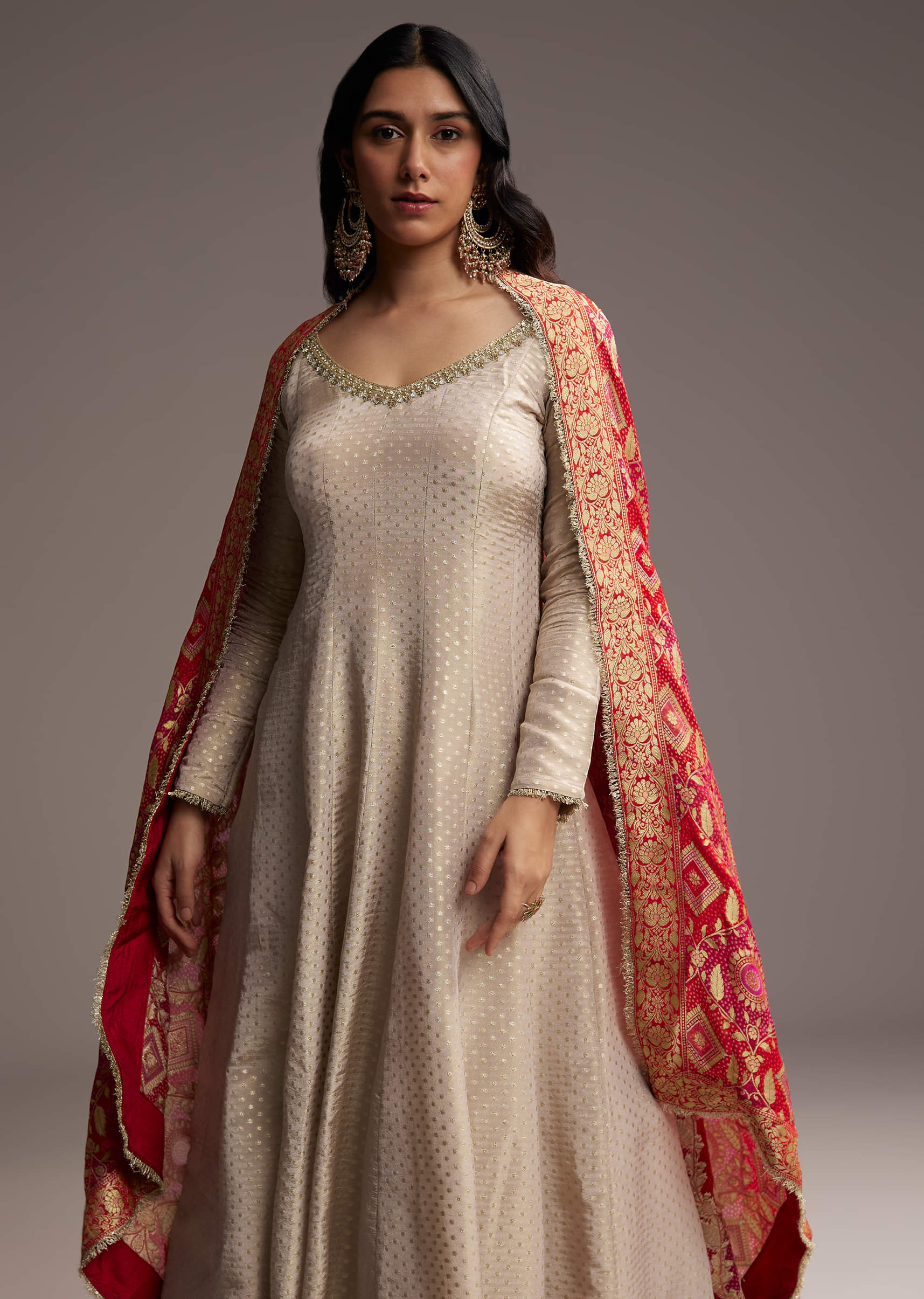 Off White Tissue Anarkali Suit With Butti Embroidery And Printed Silk Dupatta - Image 4