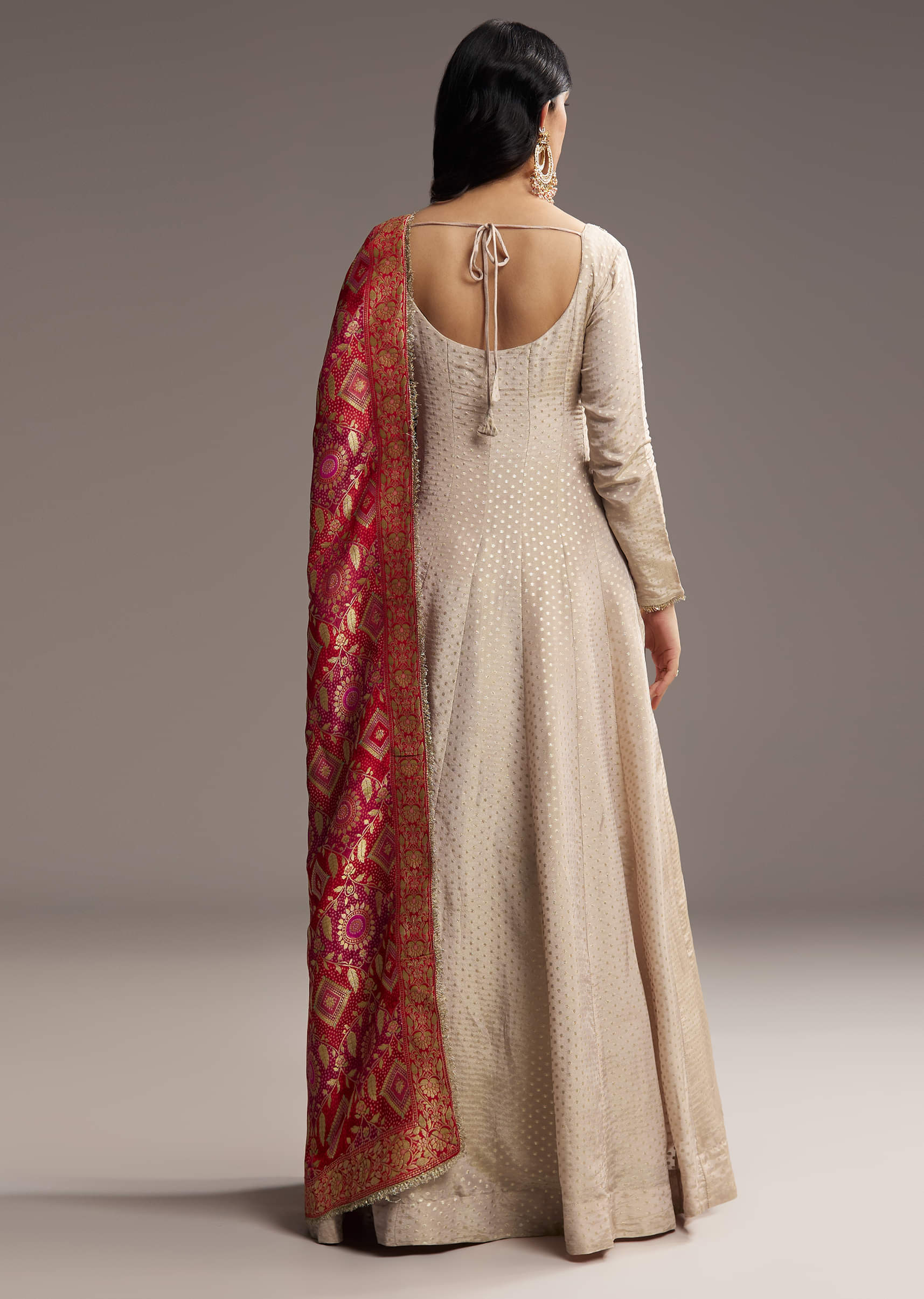 Off White Tissue Anarkali Suit With Butti Embroidery And Printed Silk Dupatta - Image 5