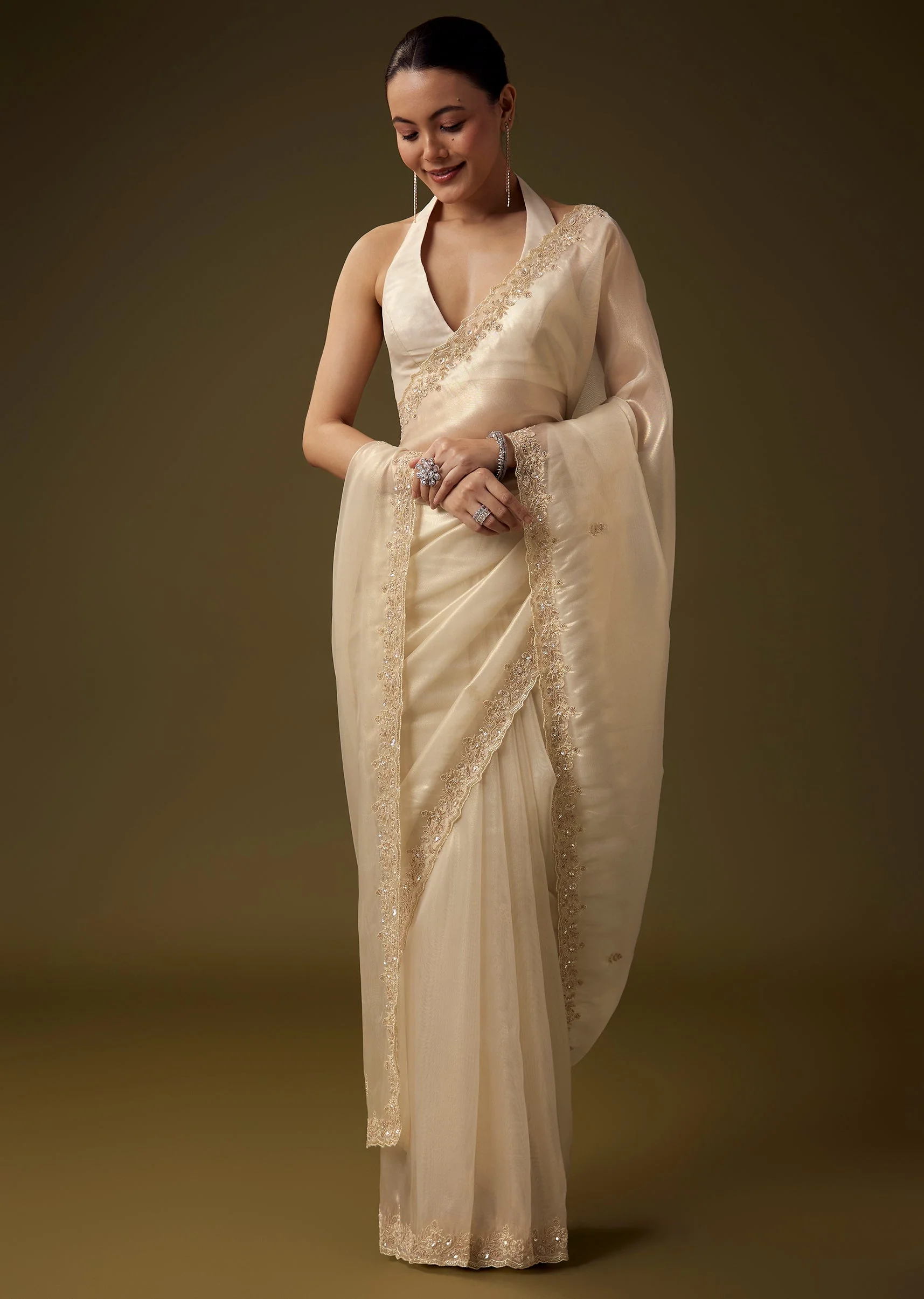 Off White Tissue Embroidered Saree with Unstitched Blouse