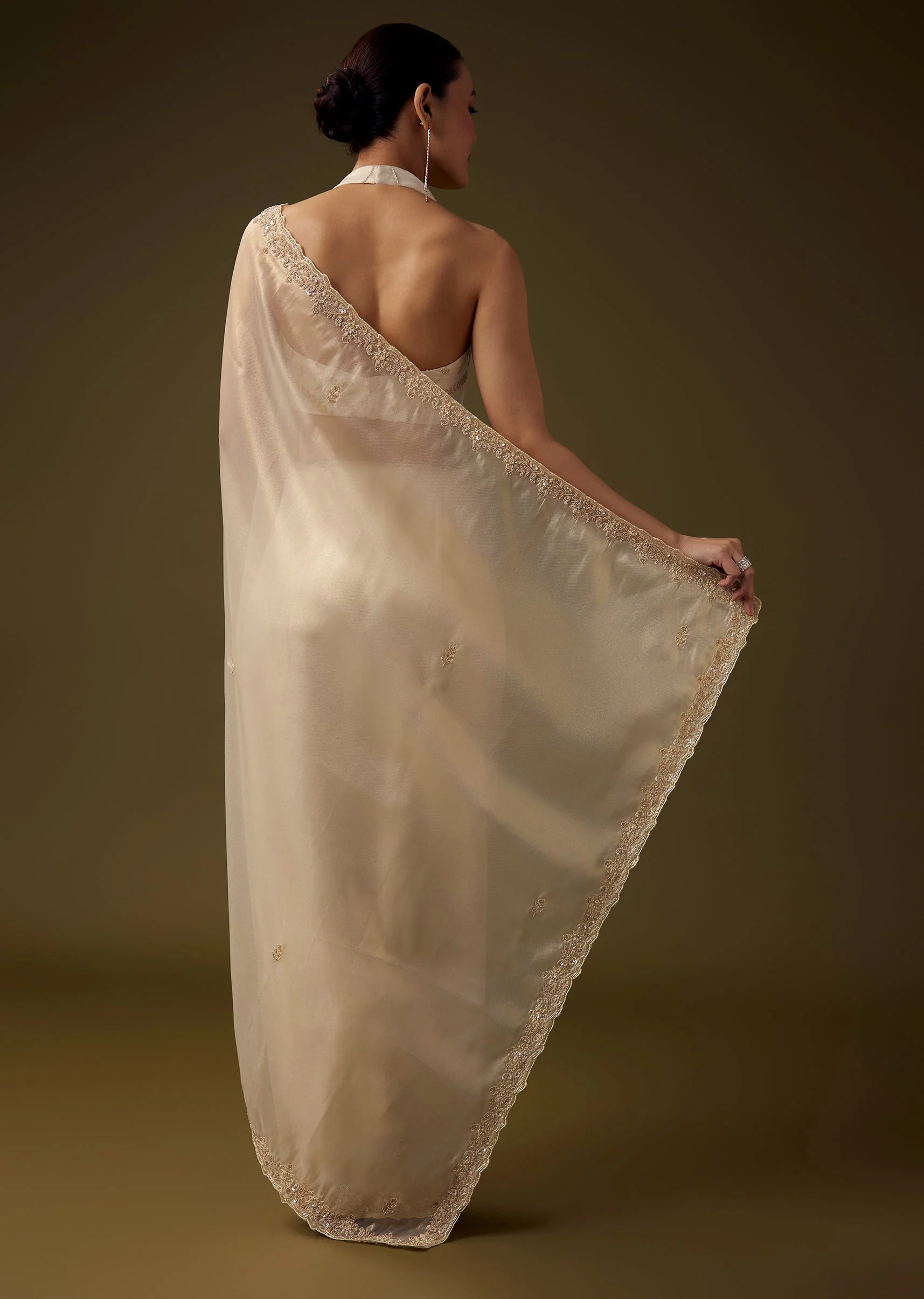 Off White Tissue Embroidered Saree with Unstitched Blouse - Image 4