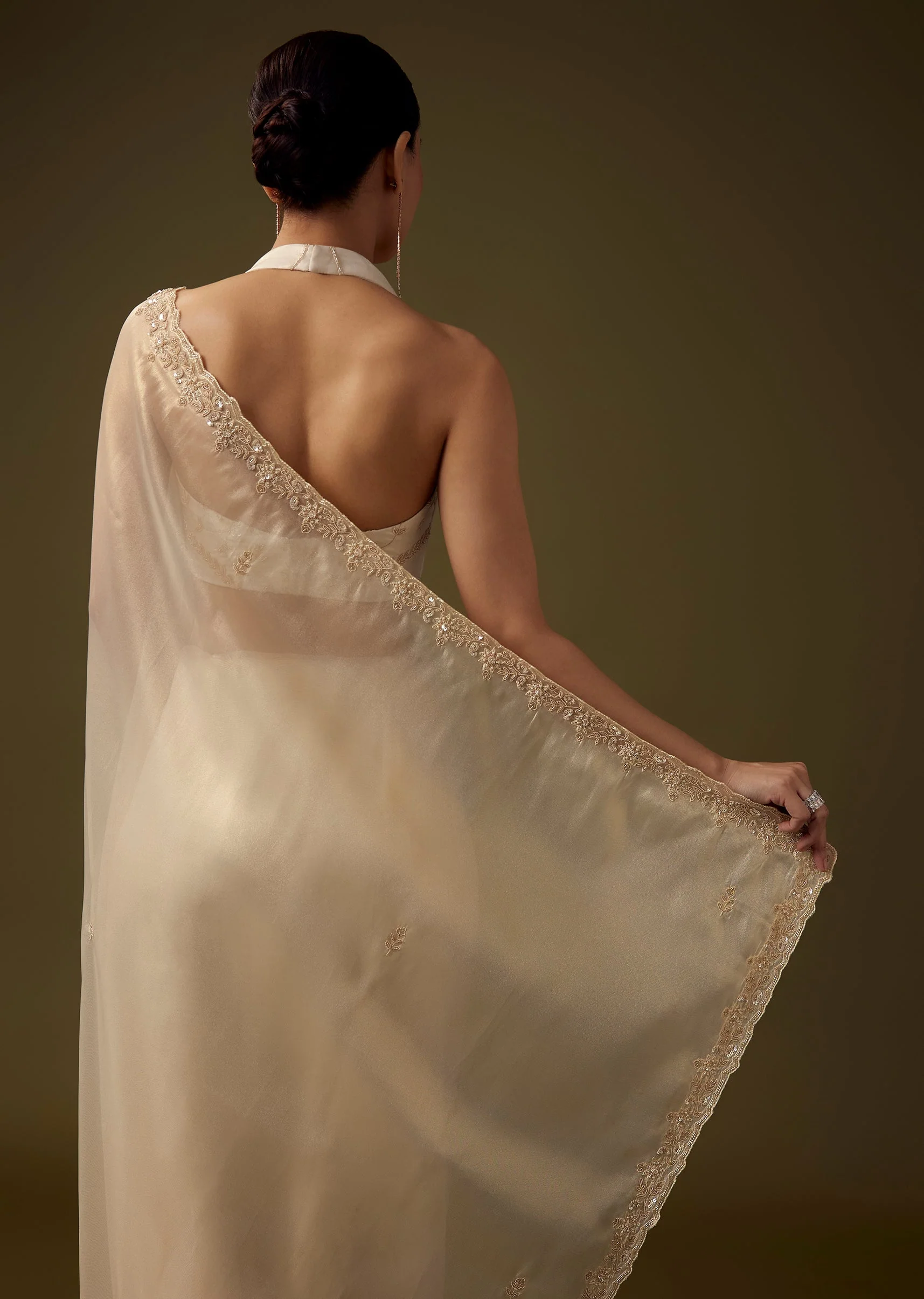Off White Tissue Embroidered Saree with Unstitched Blouse - Image 6