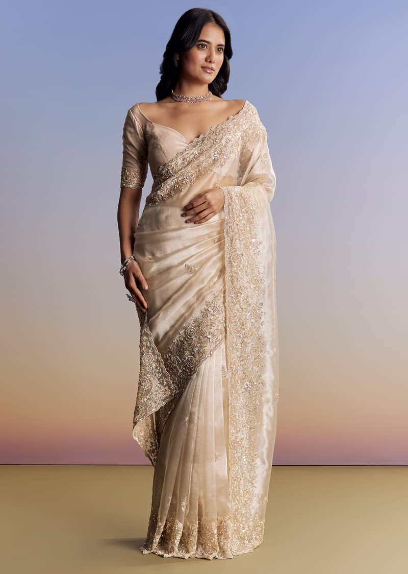Off White Tissue Saree With Cutdana Floral Embroidery - Image 3