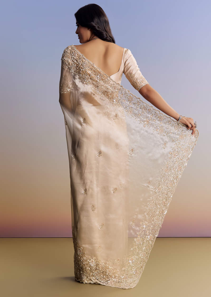 Off White Tissue Saree With Cutdana Floral Embroidery - Image 6