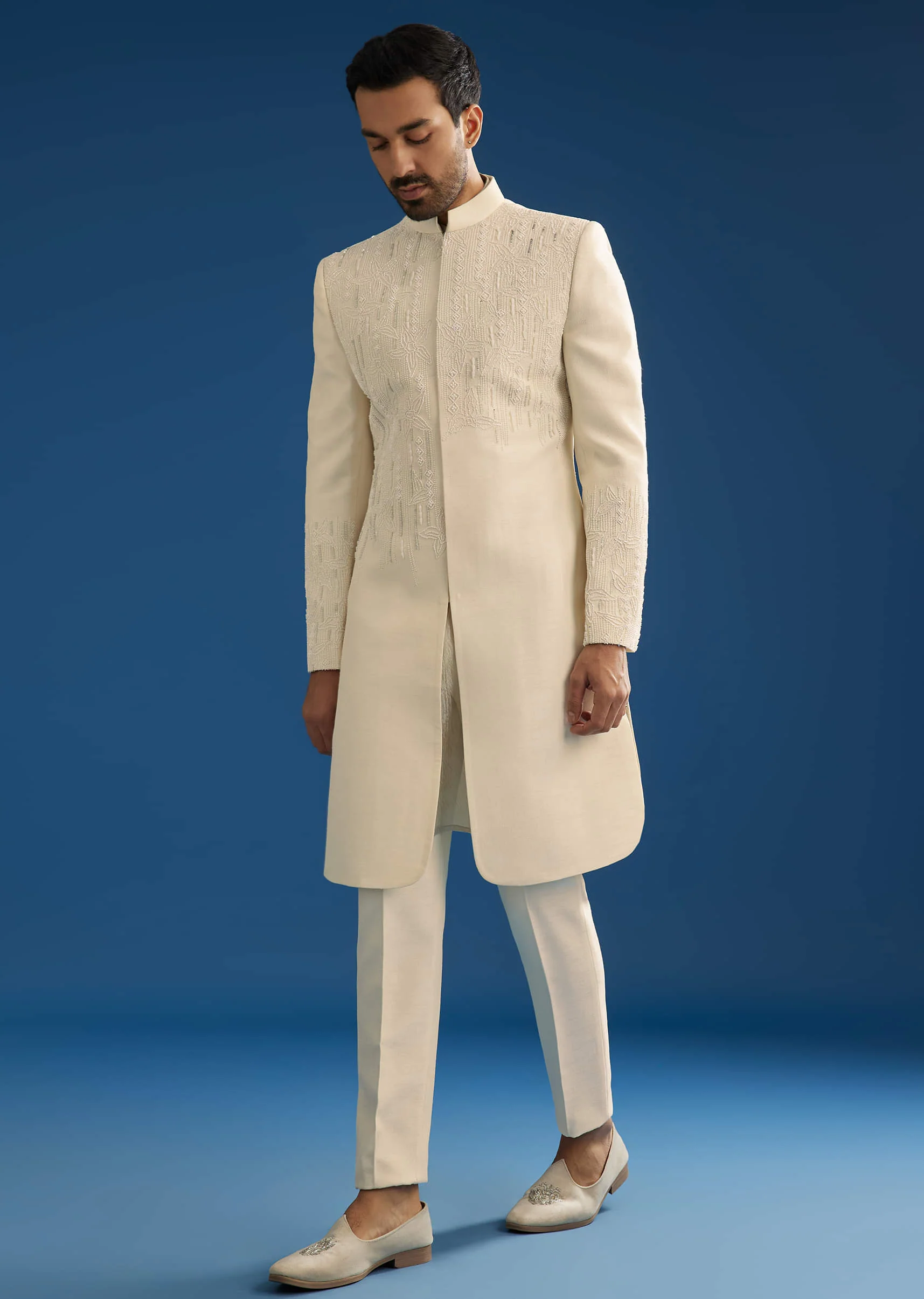 Off White Tussar Groomsman Sherwani Suit With Hand Embroidery - Image 3