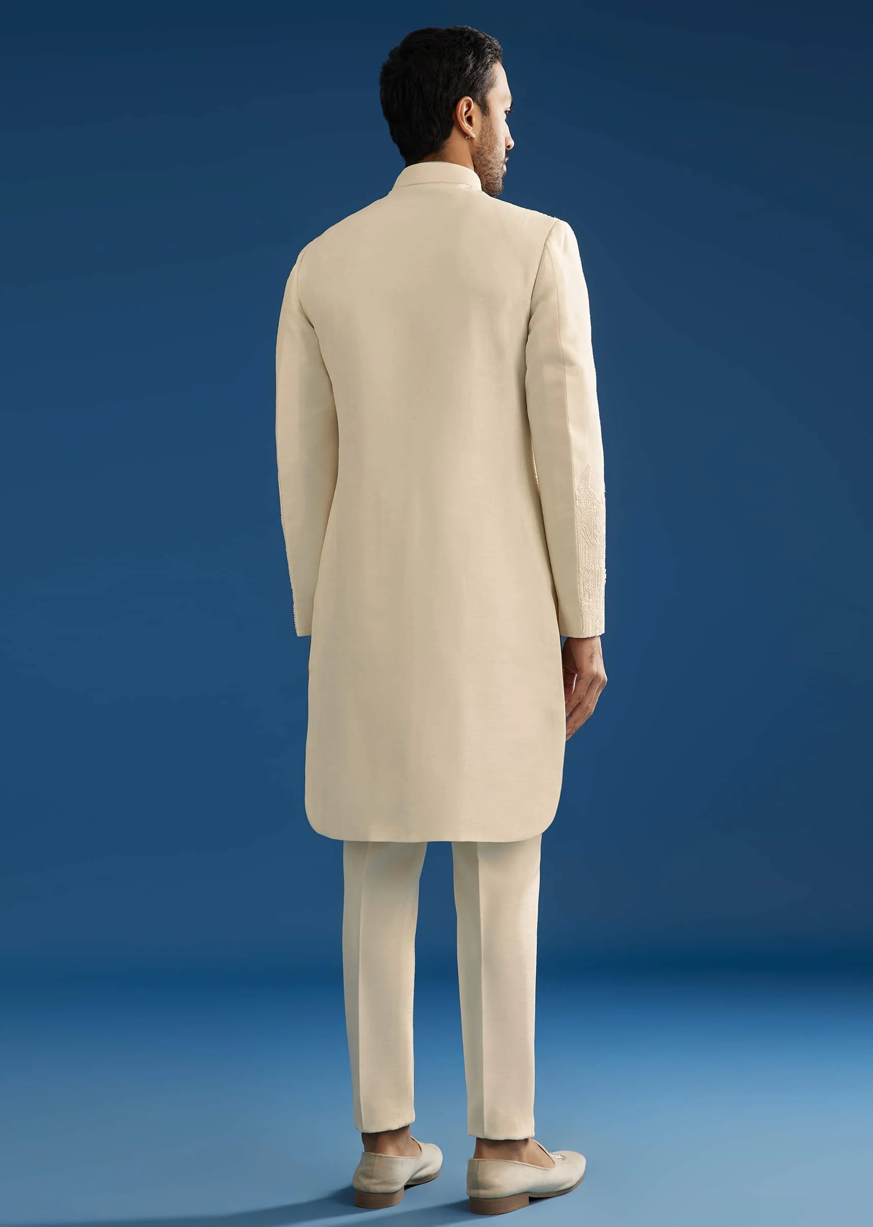 Off White Tussar Groomsman Sherwani Suit With Hand Embroidery - Image 4