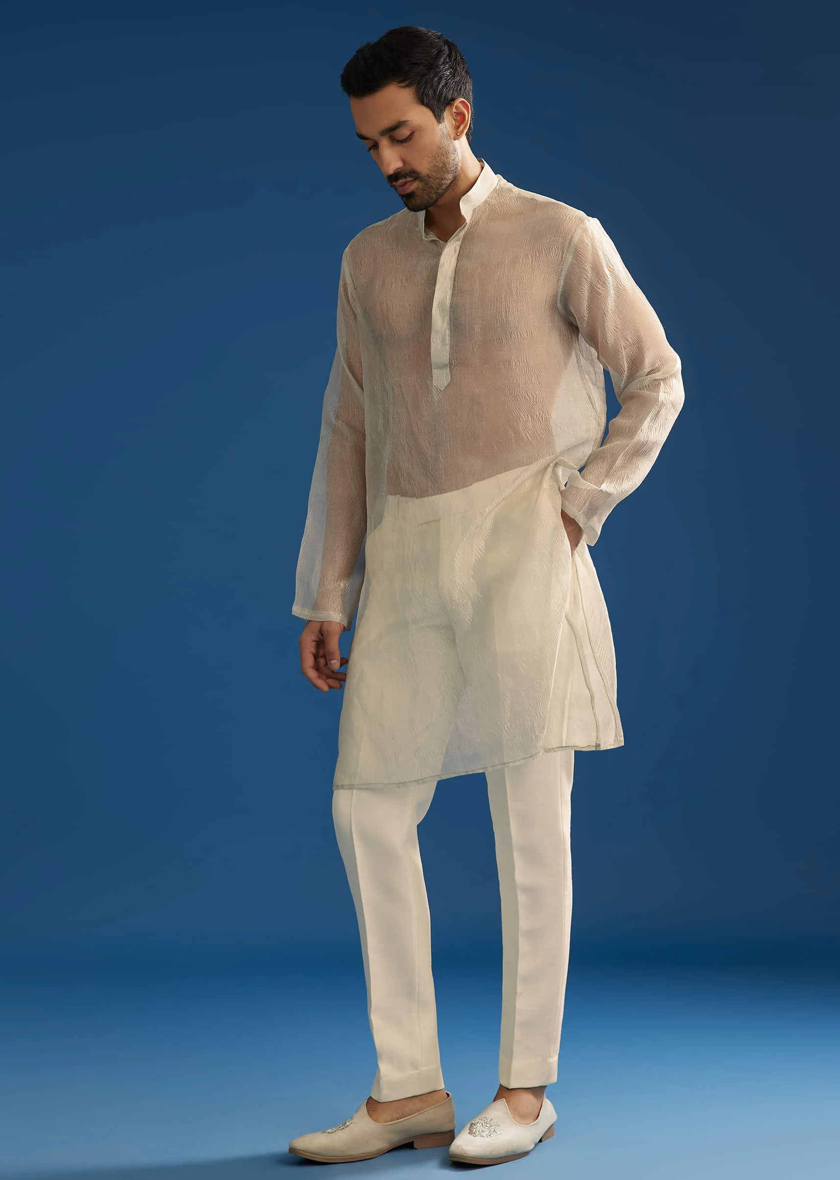 Off White Tussar Groomsman Sherwani Suit With Hand Embroidery - Image 5