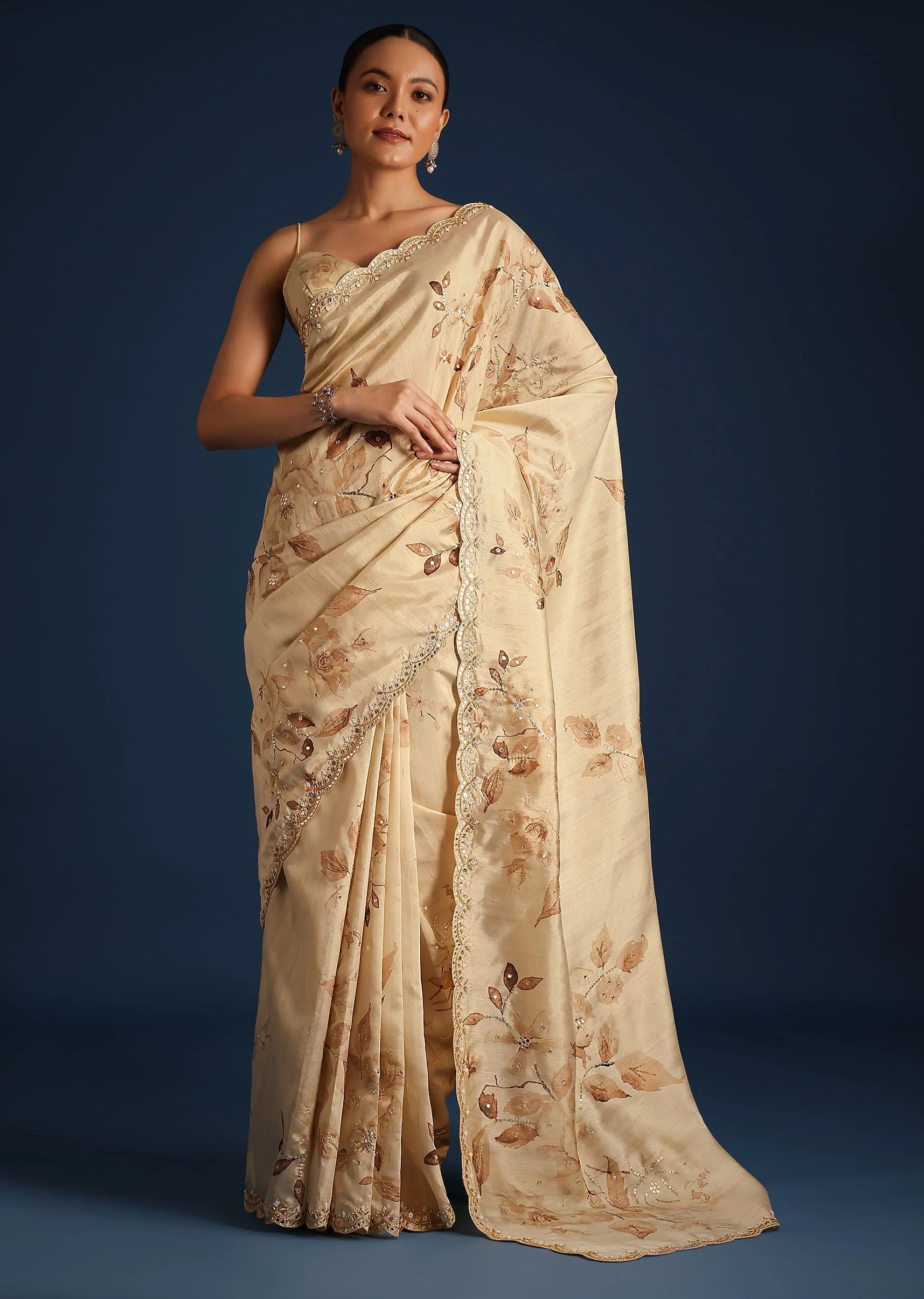 Off White Tussar Silk Floral Print Saree with Mirror Work - Image 3