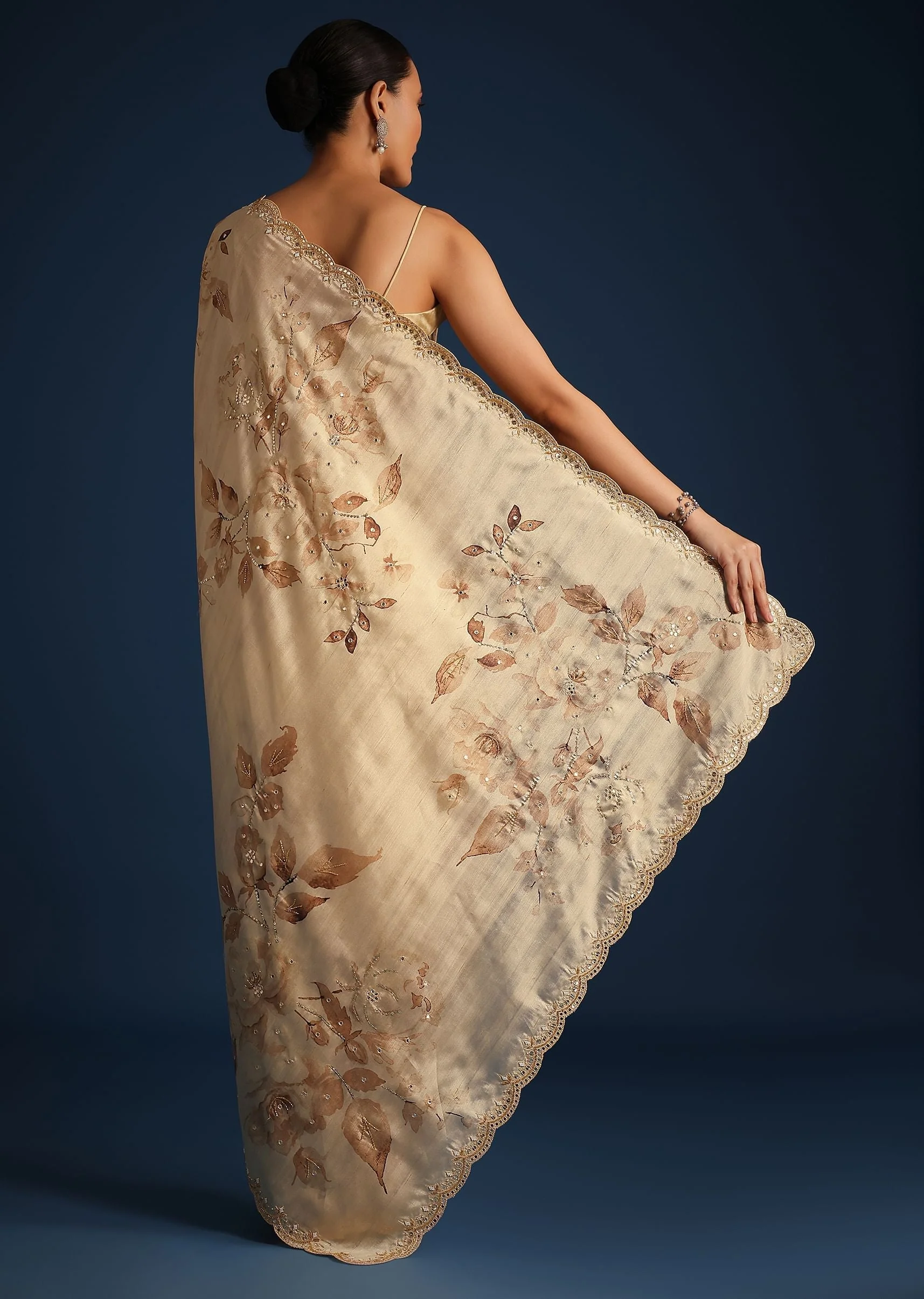 Off White Tussar Silk Floral Print Saree with Mirror Work - Image 4