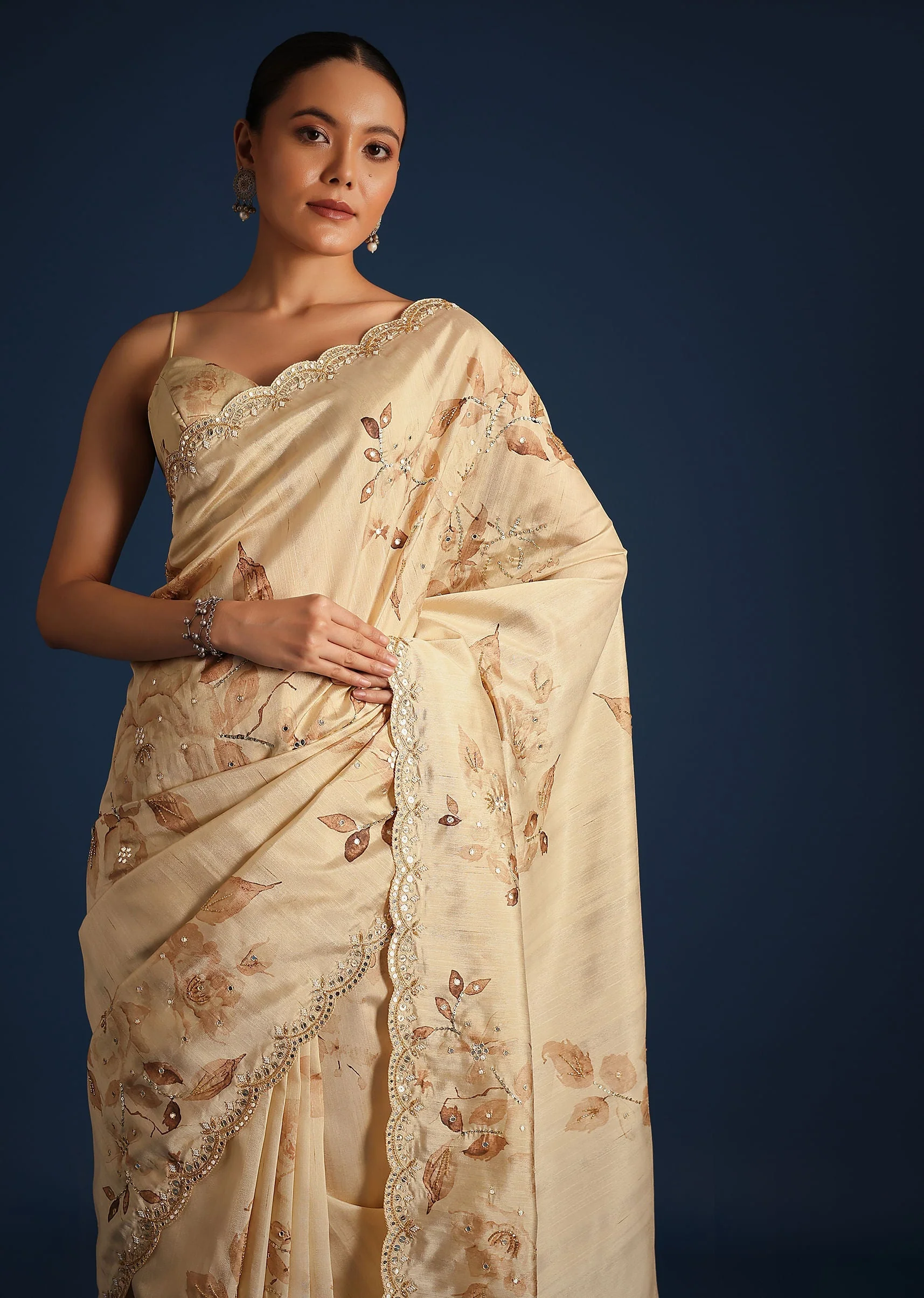 Off White Tussar Silk Floral Print Saree with Mirror Work - Image 5