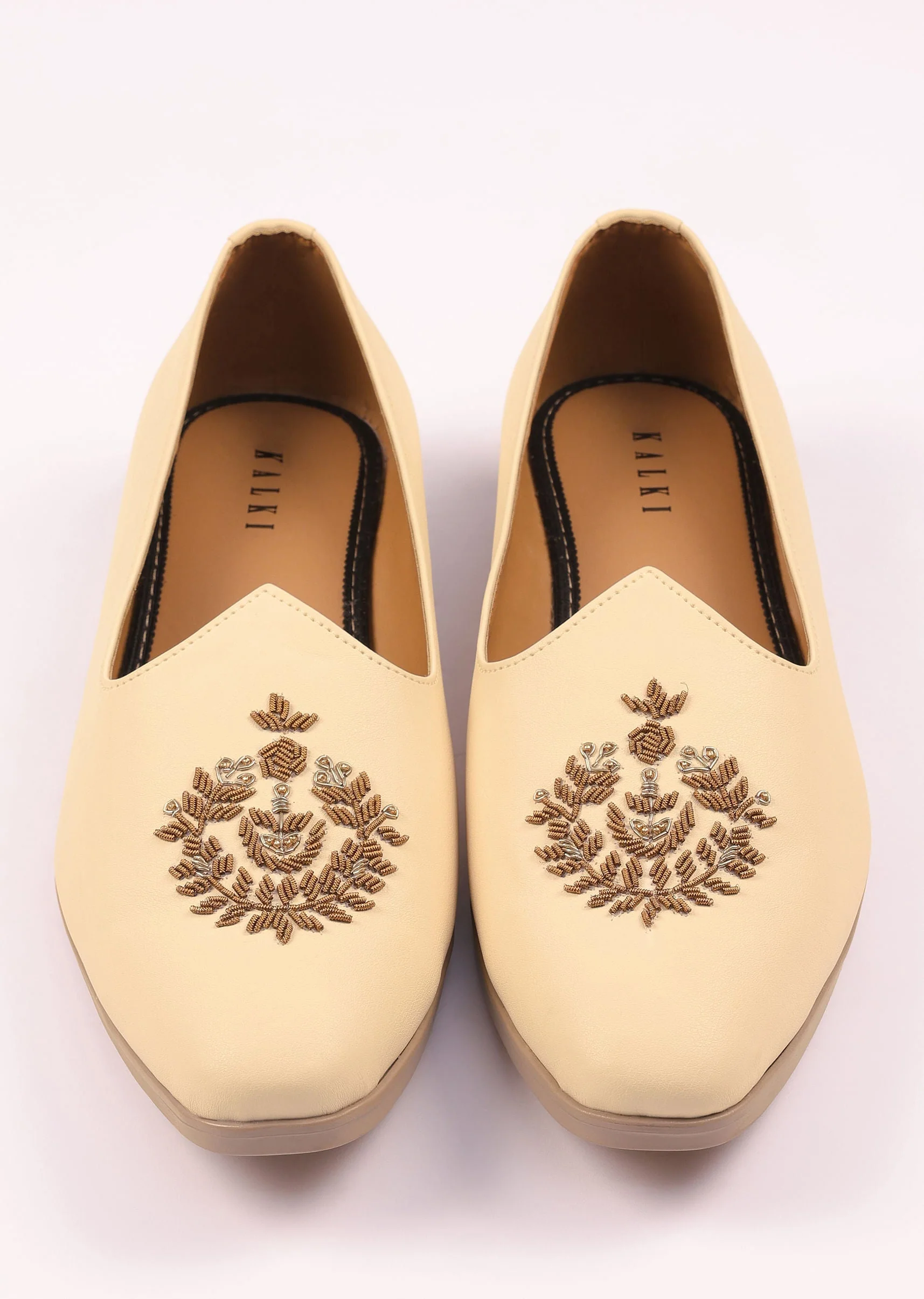 Off White Vegan Leather Jutti With Zardosi Work - Image 5