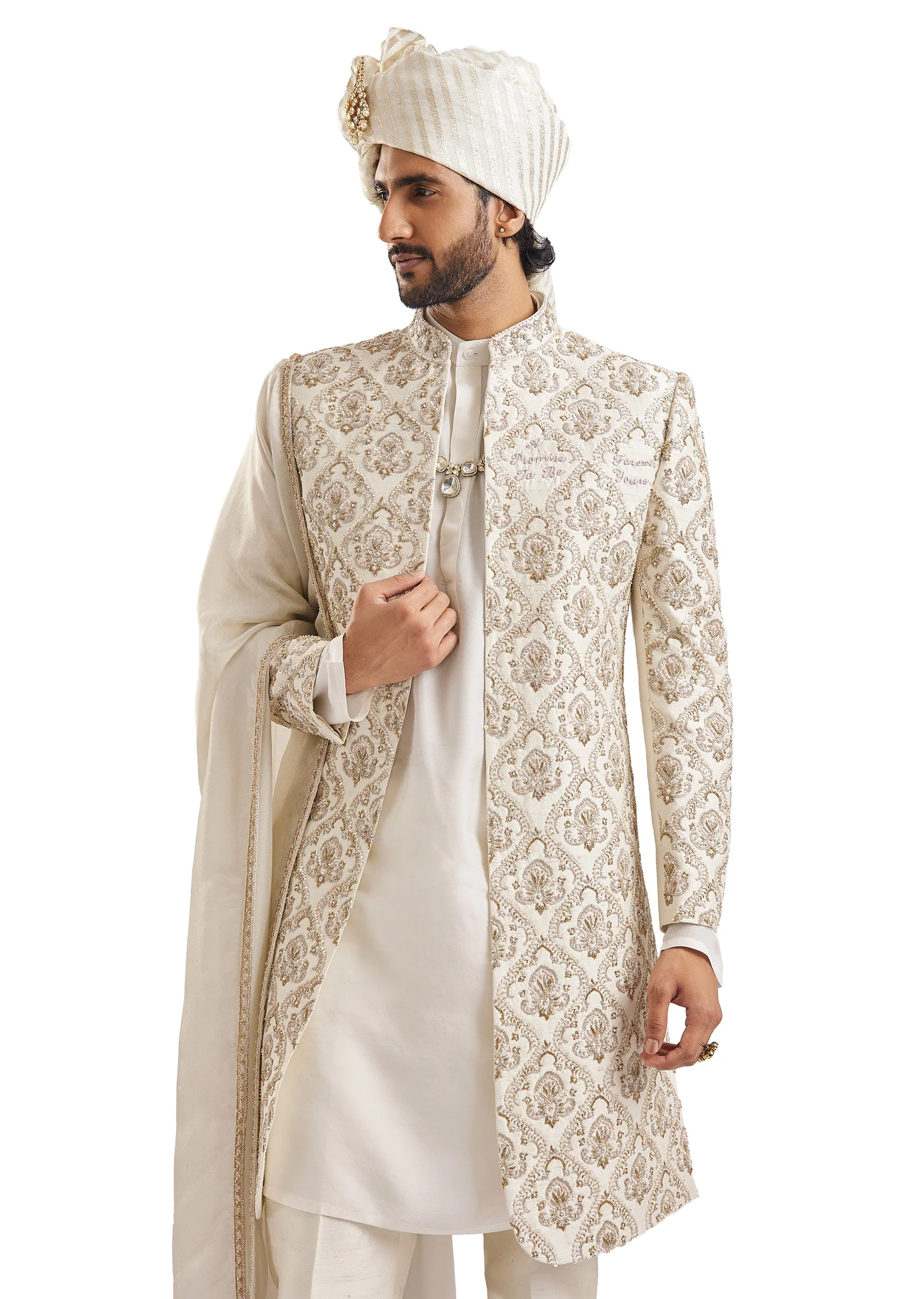 Off White Zardosi Wedding Sherwani - Image 2