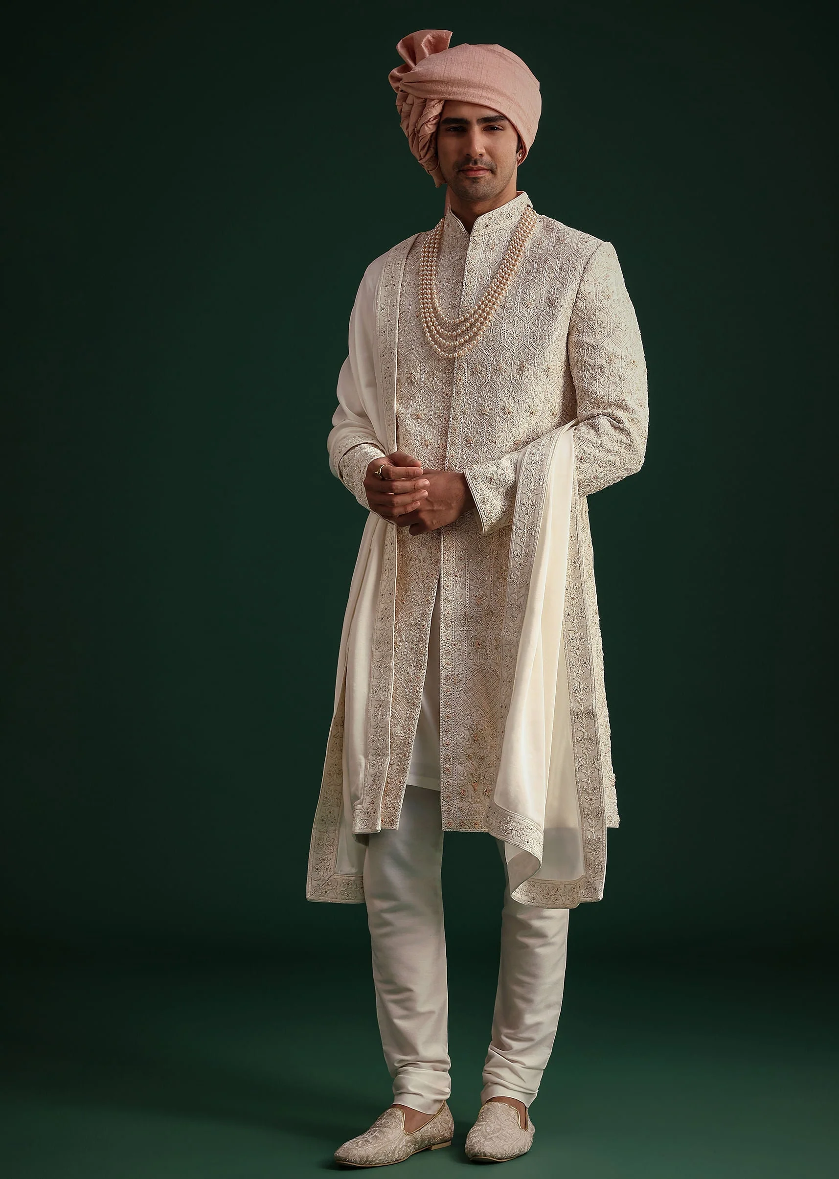 Off White Zari Embroidered Sherwani Set With Mala And Dupatta - Image 3