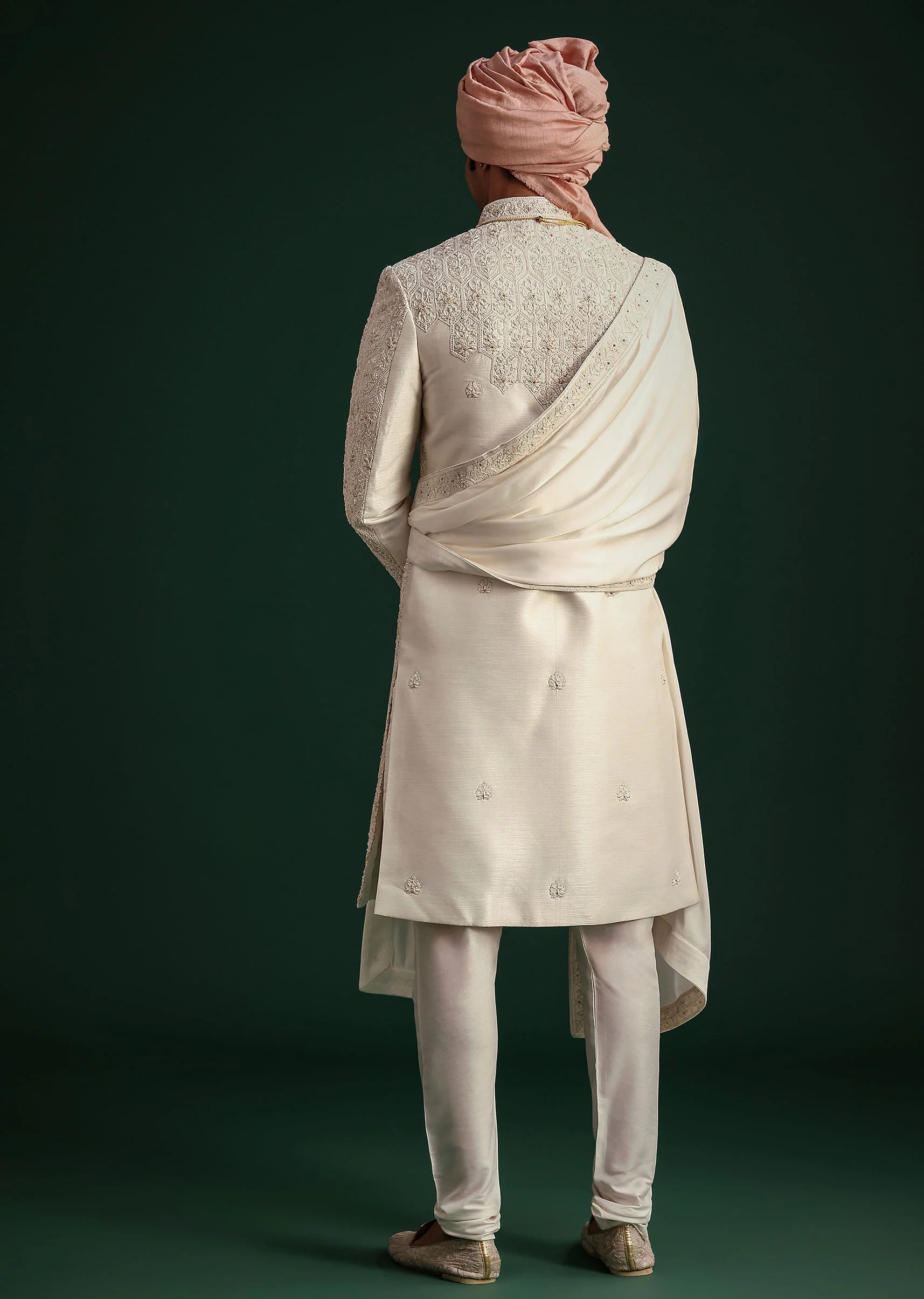 Off White Zari Embroidered Sherwani Set With Mala And Dupatta - Image 5
