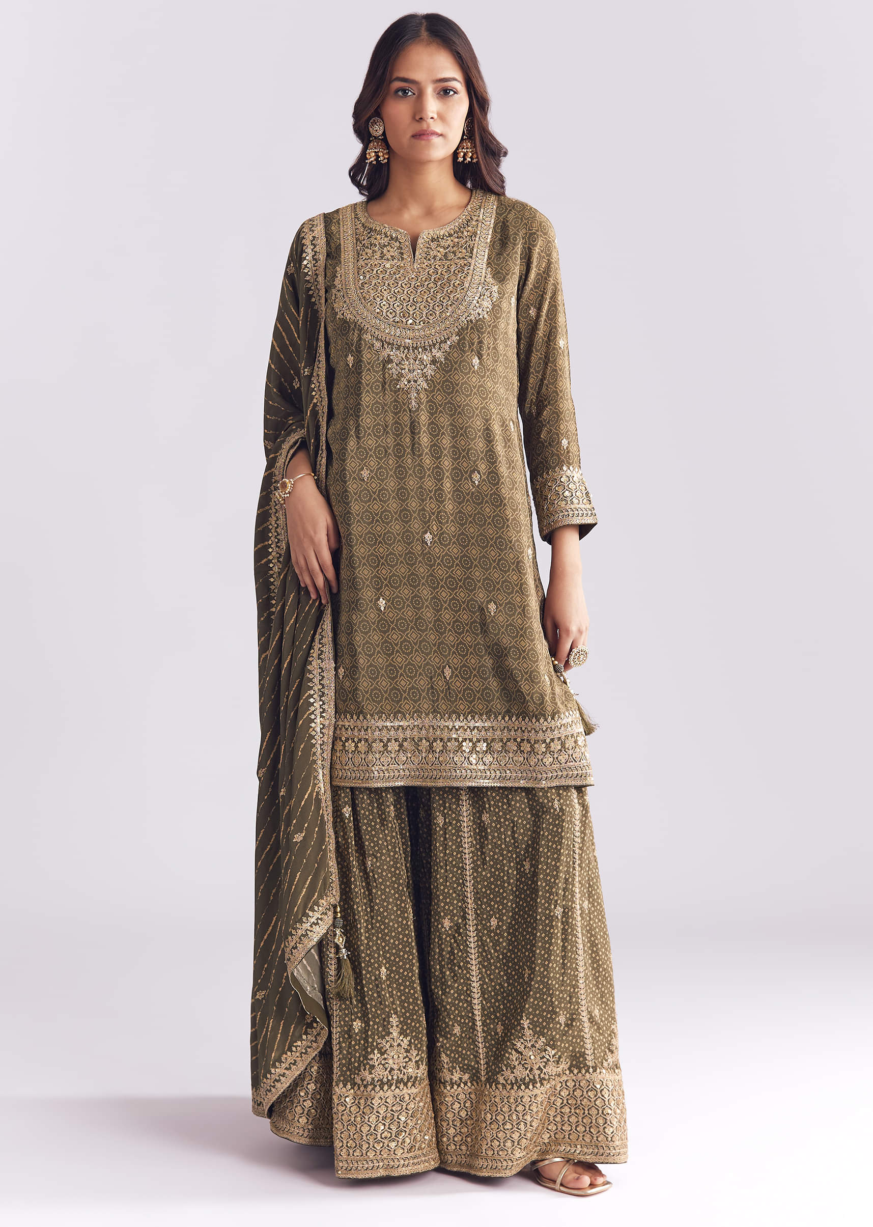 Olive Crepe Bandhani Palazzo Suit With Zari And Sequins Work - Image 3