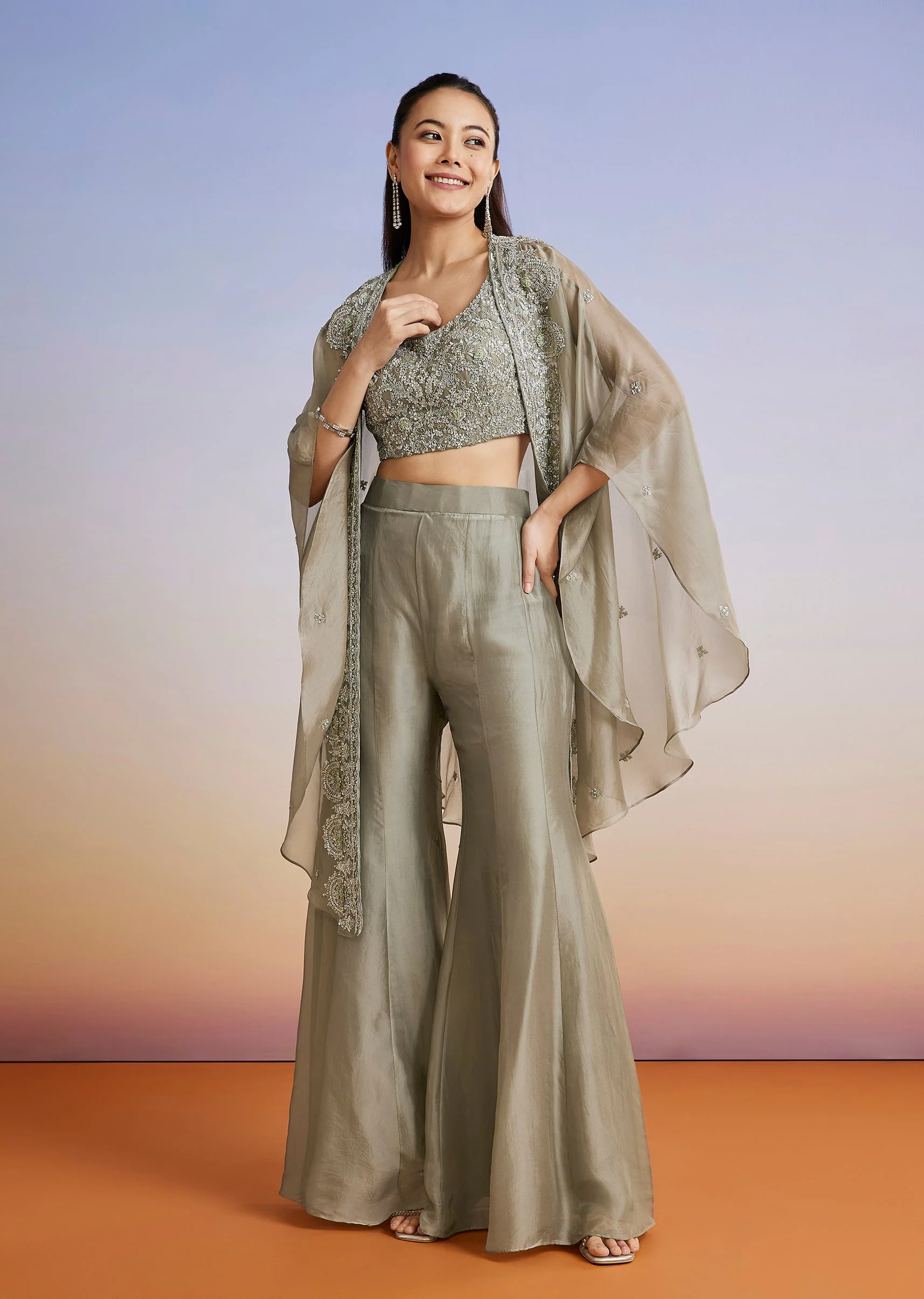 Olive Embroidered Organza Cape Palazzo Set - Image 3