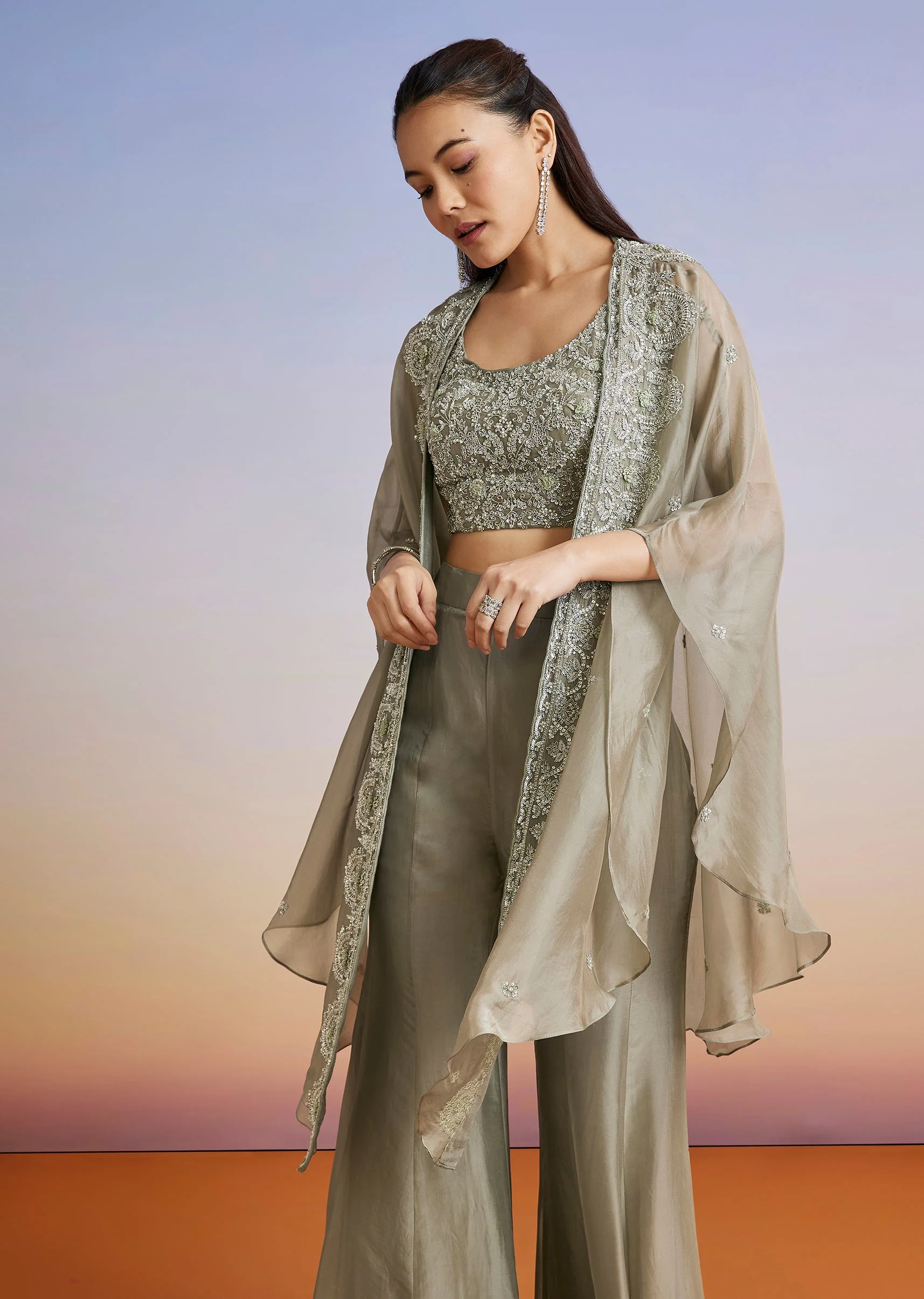 Olive Embroidered Organza Cape Palazzo Set - Image 4