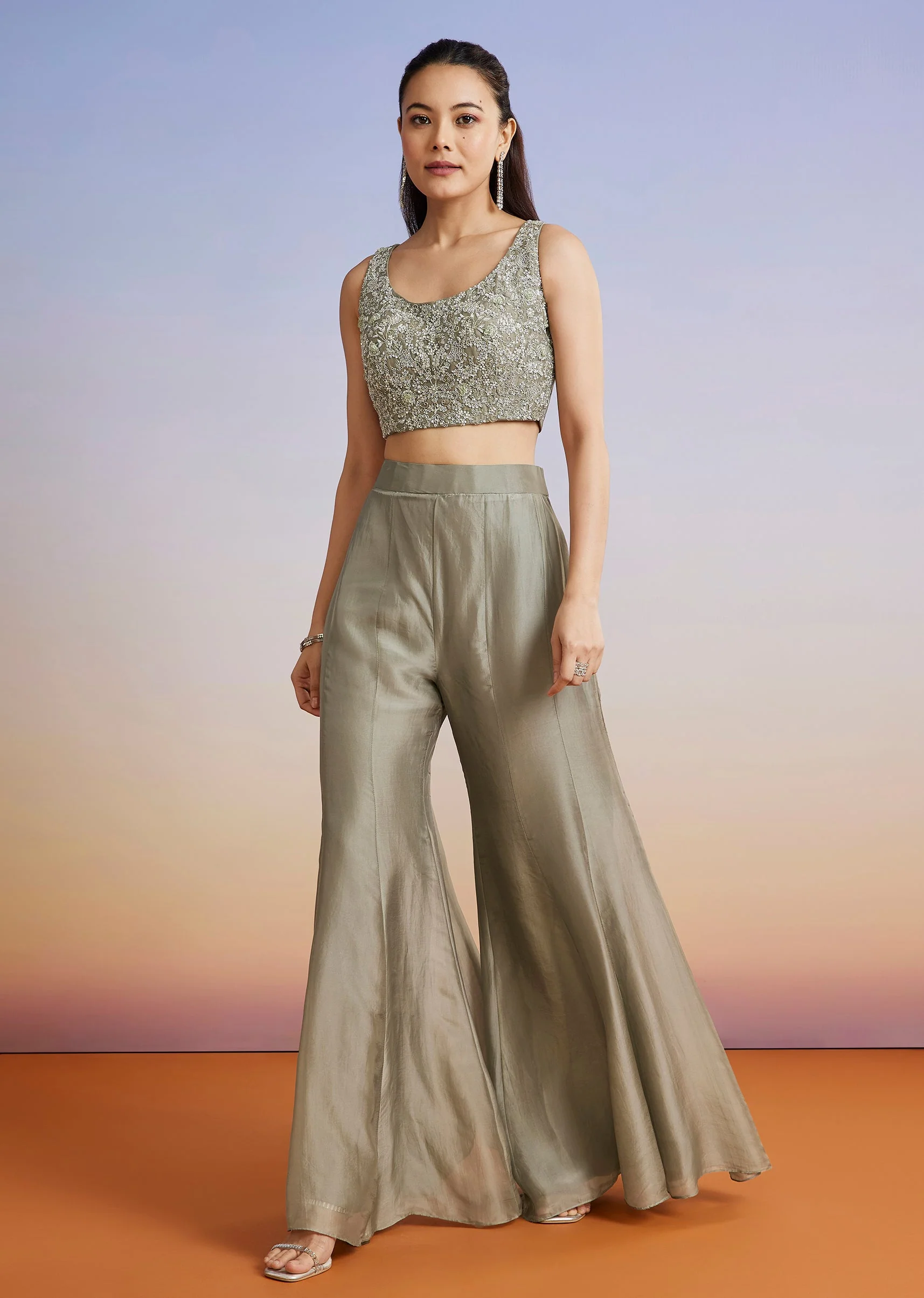 Olive Embroidered Organza Cape Palazzo Set - Image 6