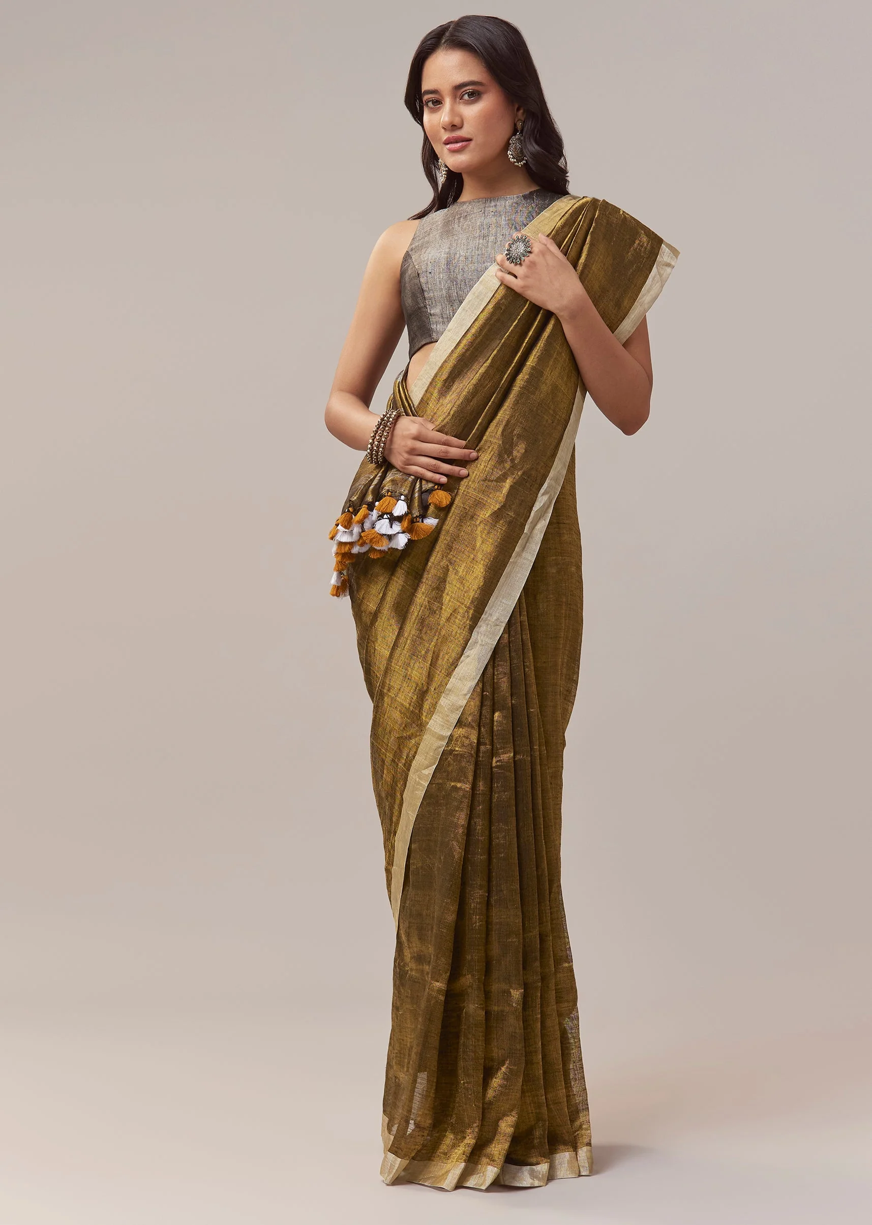 Olive Gold Silk Linen Saree With Beige Gold Border And Handcrafted Tassels
