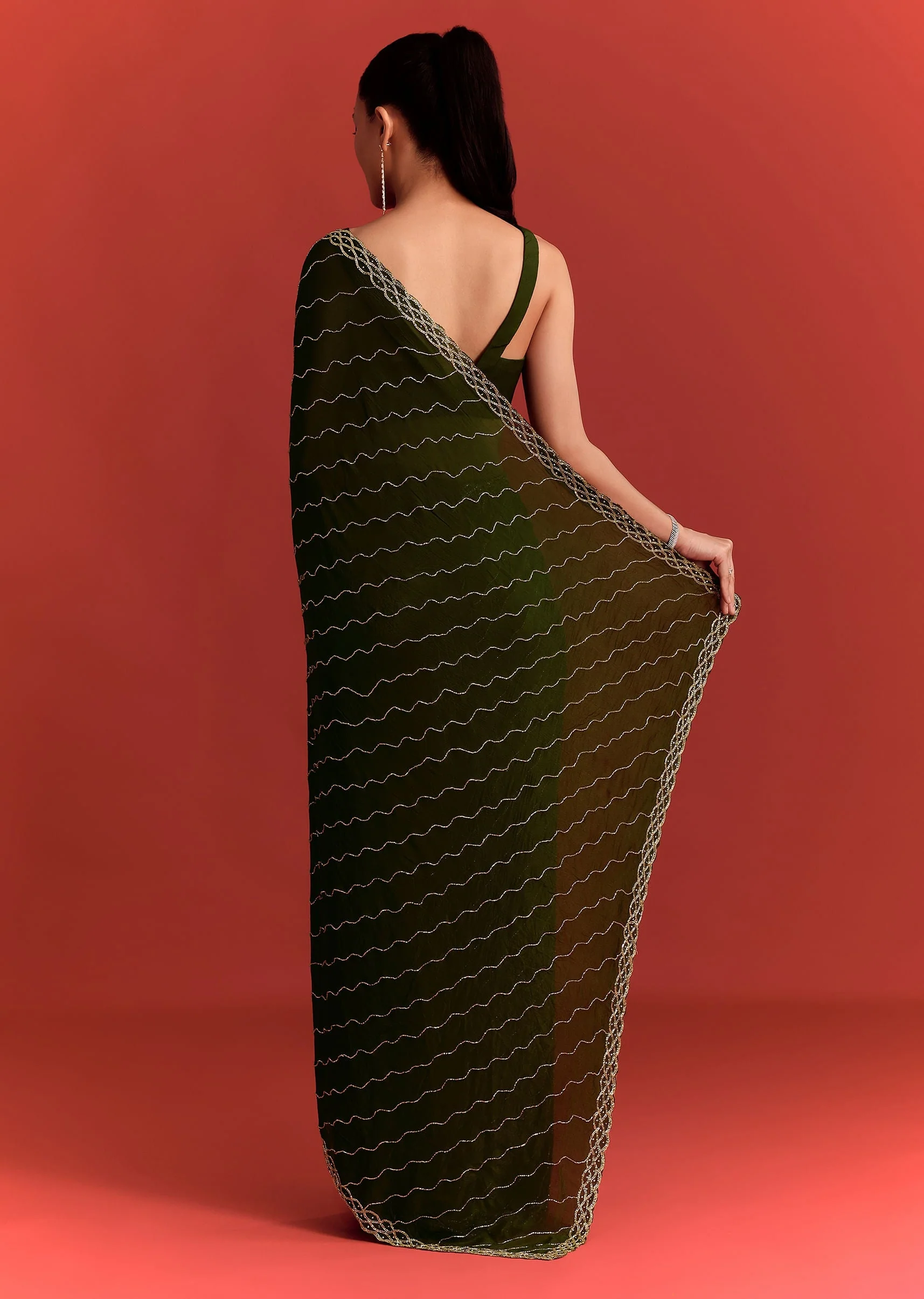 Olive Green Chinnon Saree With Cutdana Work - Image 4