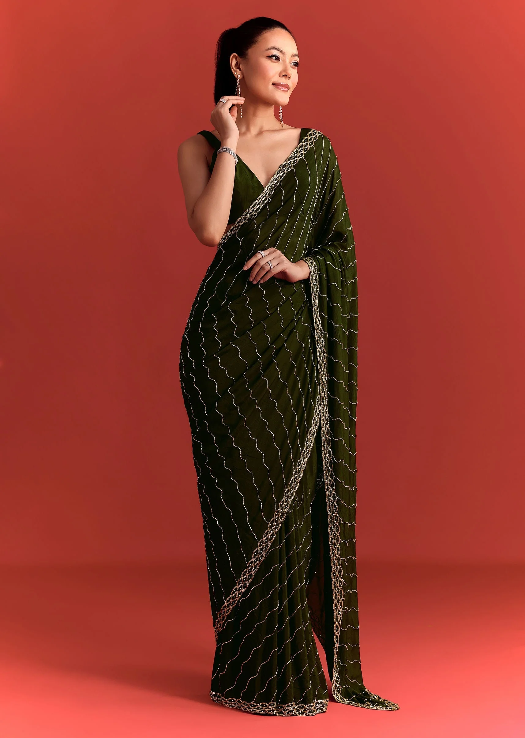 Olive Green Chinnon Saree With Cutdana Work - Image 5
