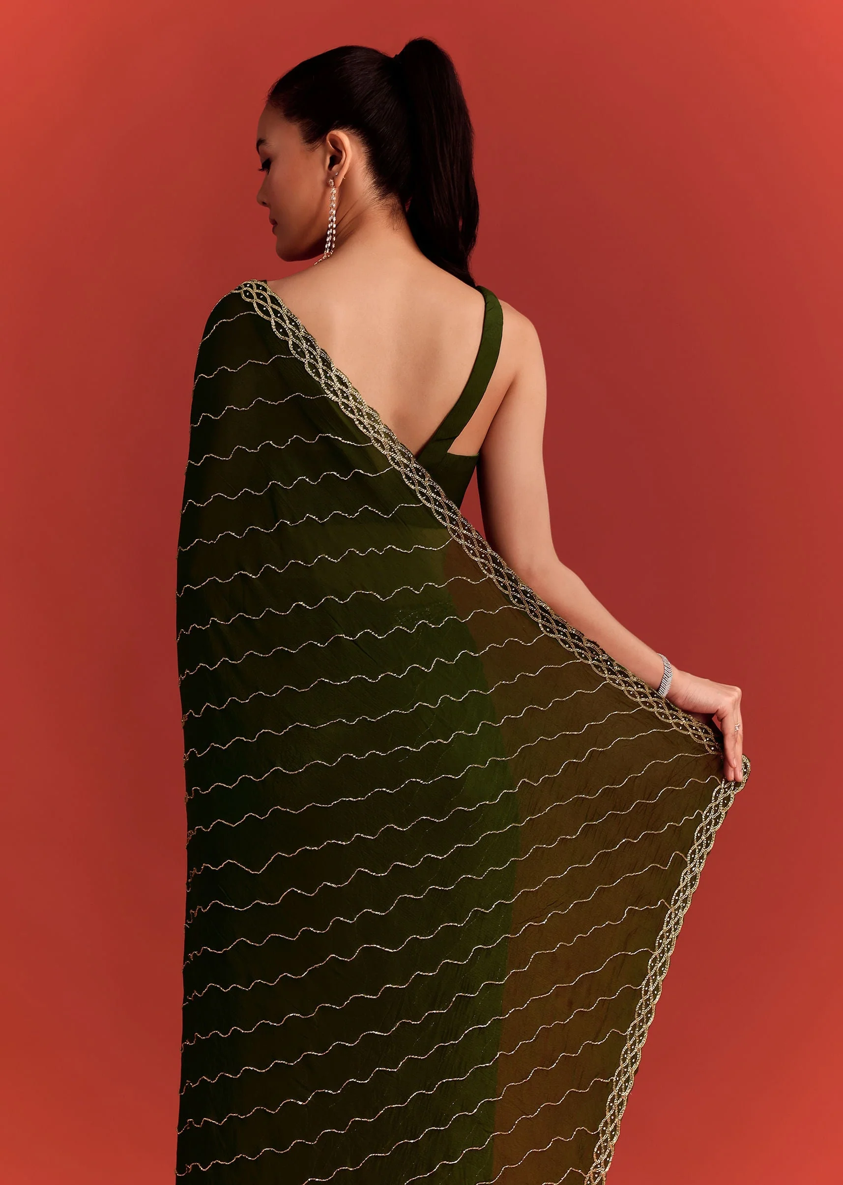 Olive Green Chinnon Saree With Cutdana Work - Image 6