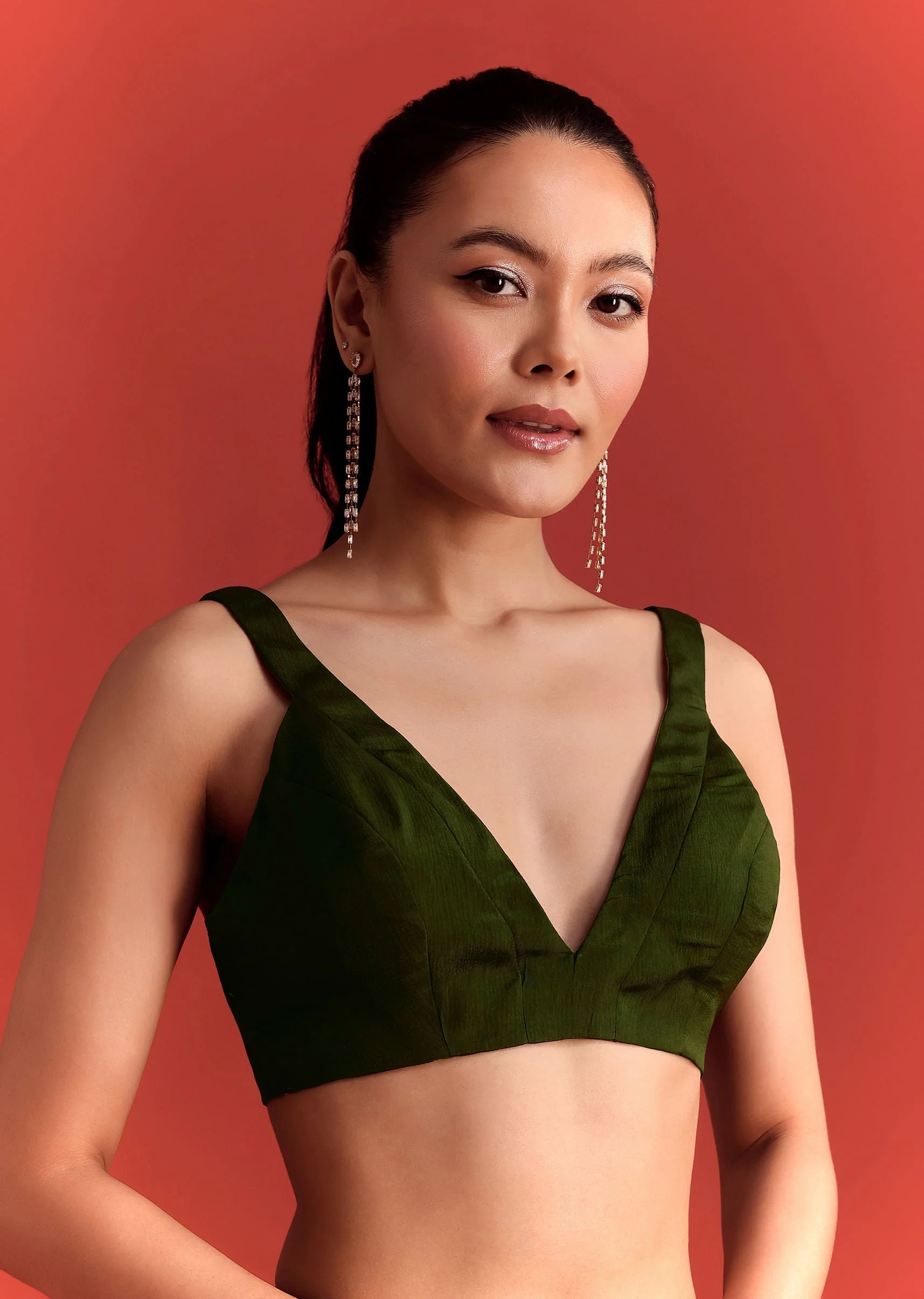 Olive Green Chinnon Saree With Cutdana Work - Image 7