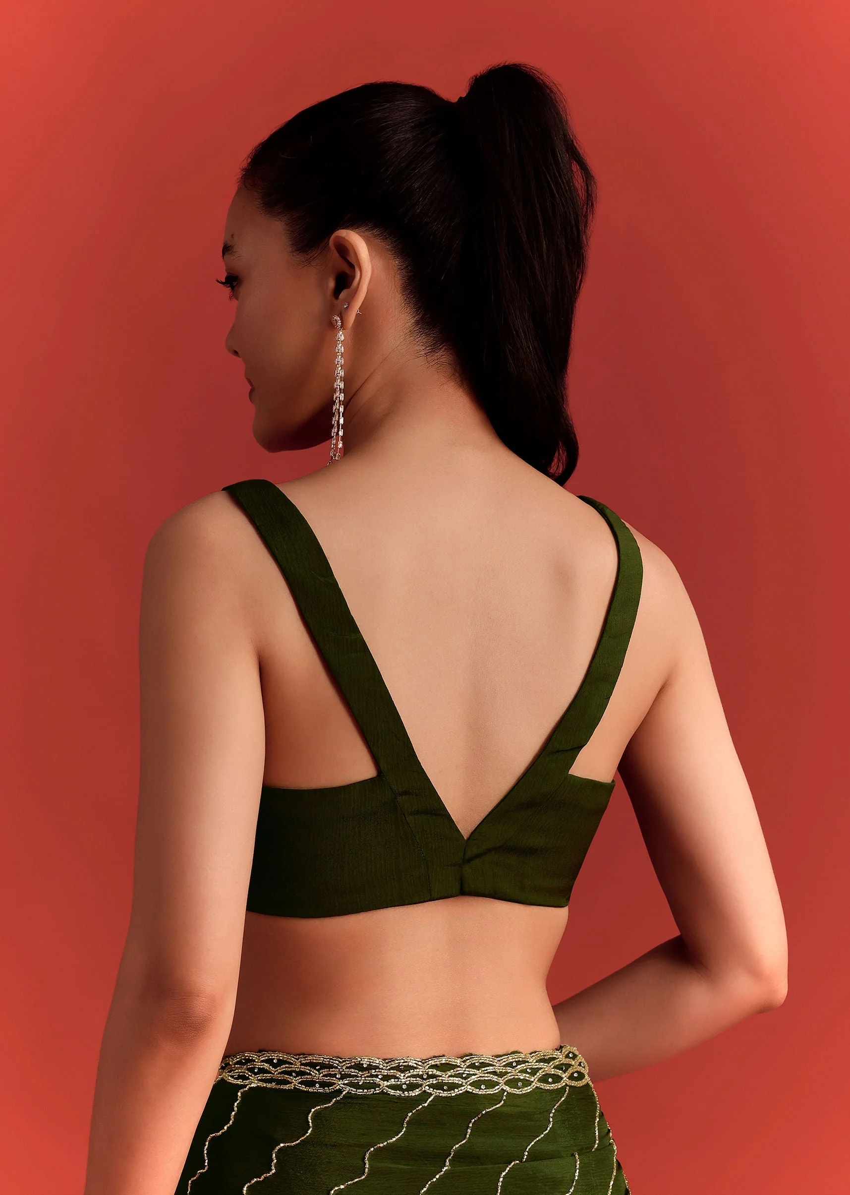 Olive Green Chinnon Saree With Cutdana Work - Image 8