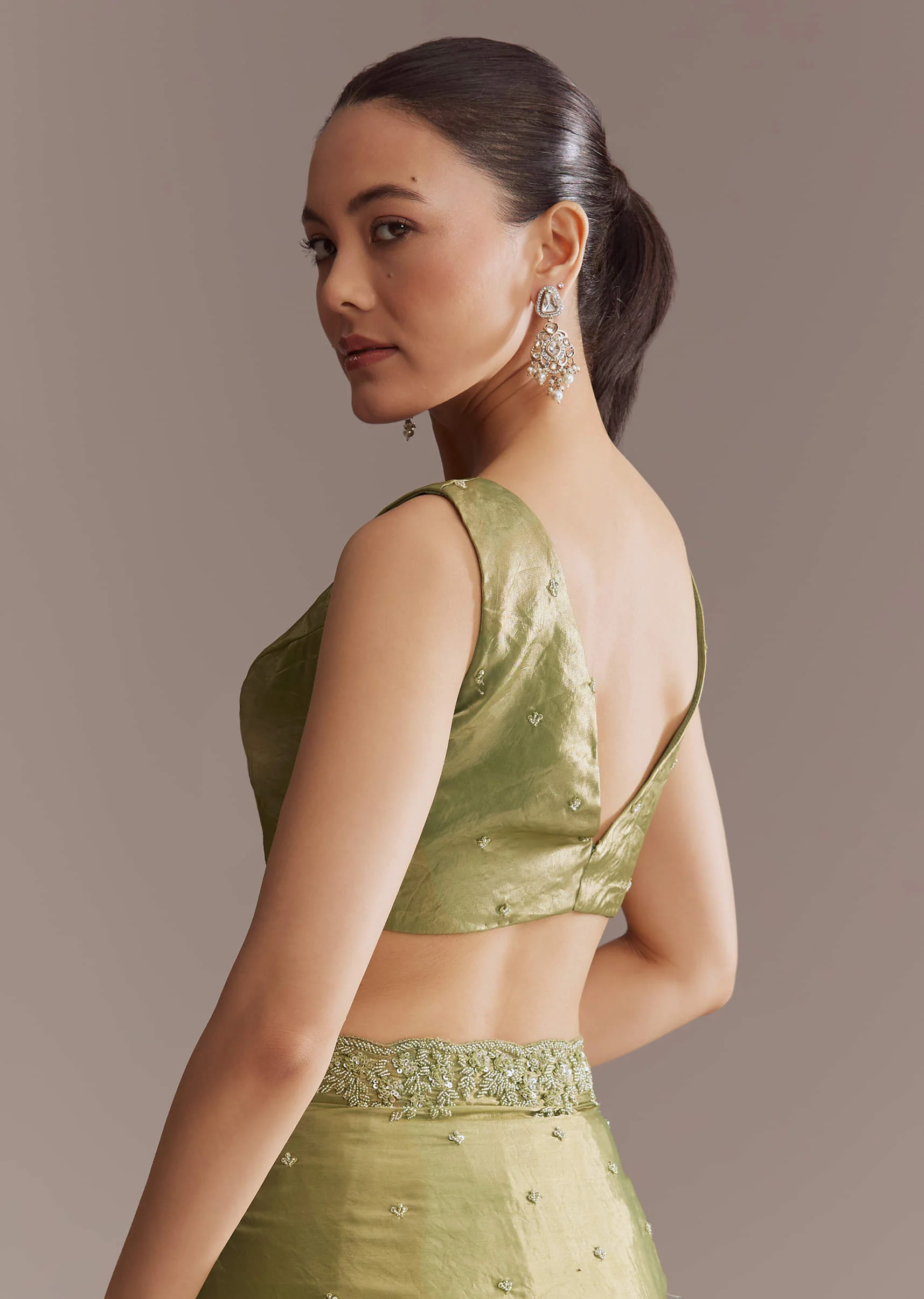 Olive Green Chinon Saree With Bead And Sequin Embroidery - Image 7