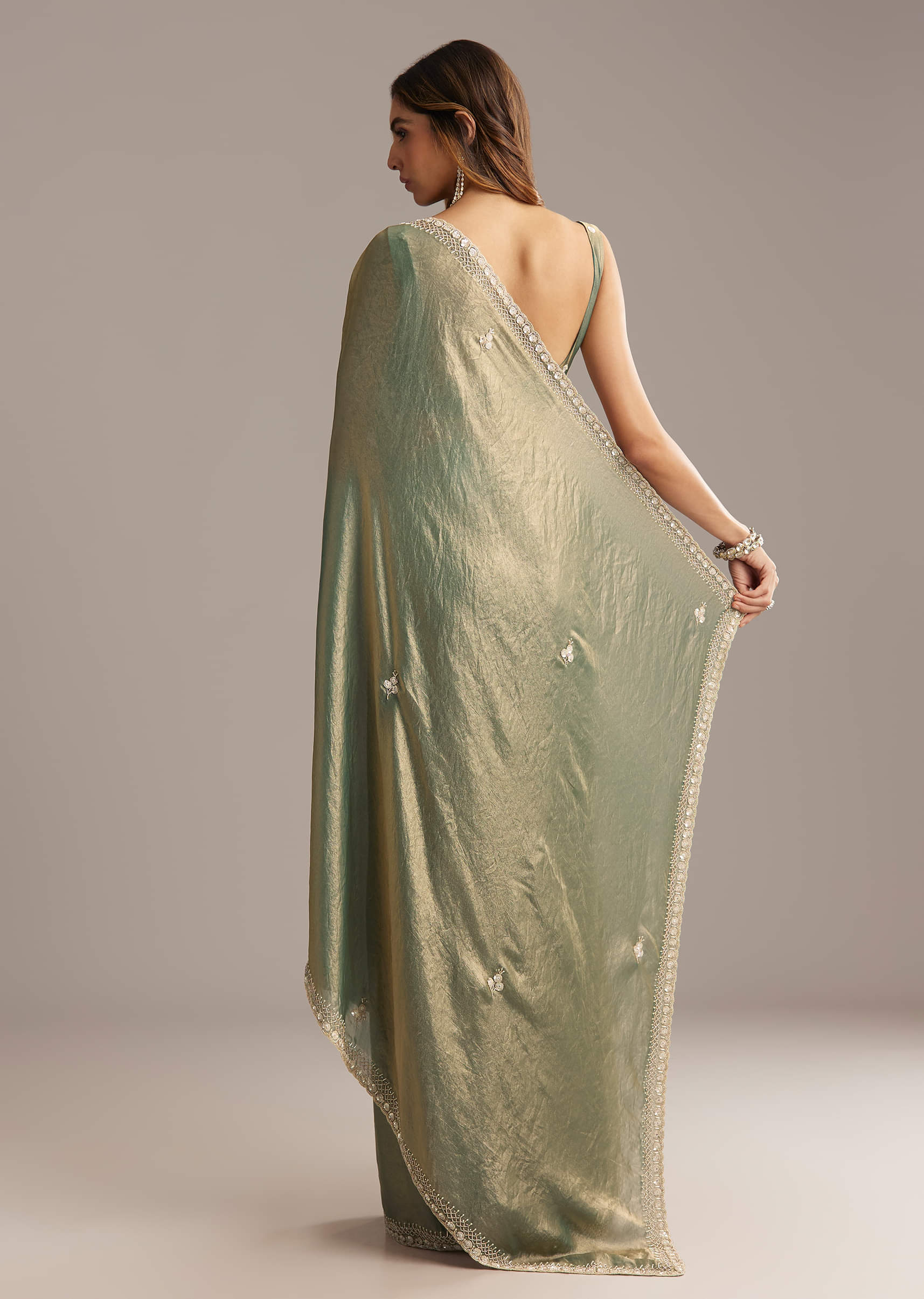Olive Green Chinon Saree With Velvet Touch And Sequin Work - Image 2
